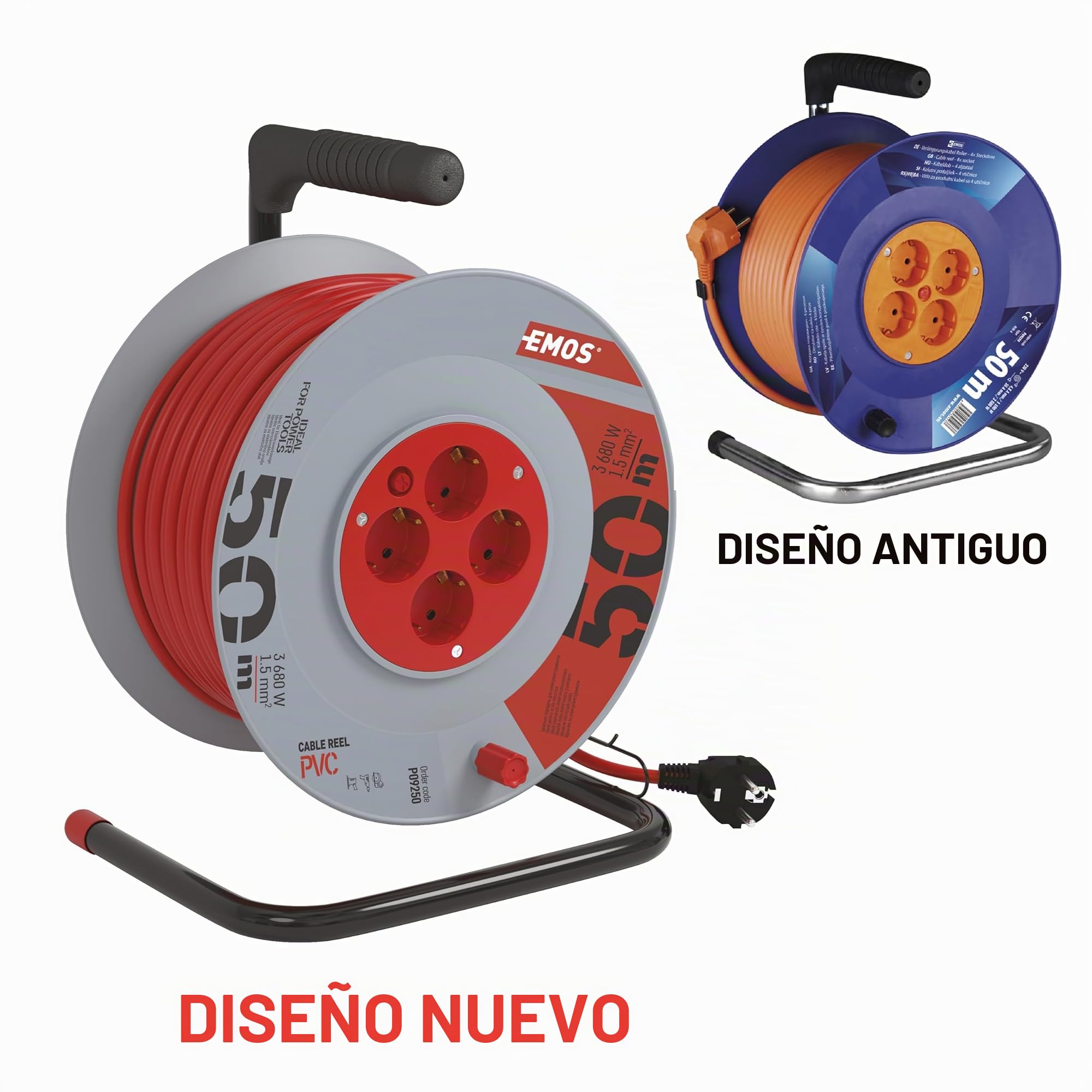 EMOS - Tambor de Cable de 50m - 4 enchufes Schuko - 230 V, 16 A, 3680 W - Aislamiento PVC H05VV-F3G 1,5 mm2 - Protección contra sobrecalentamiento - IP20 para Interiores