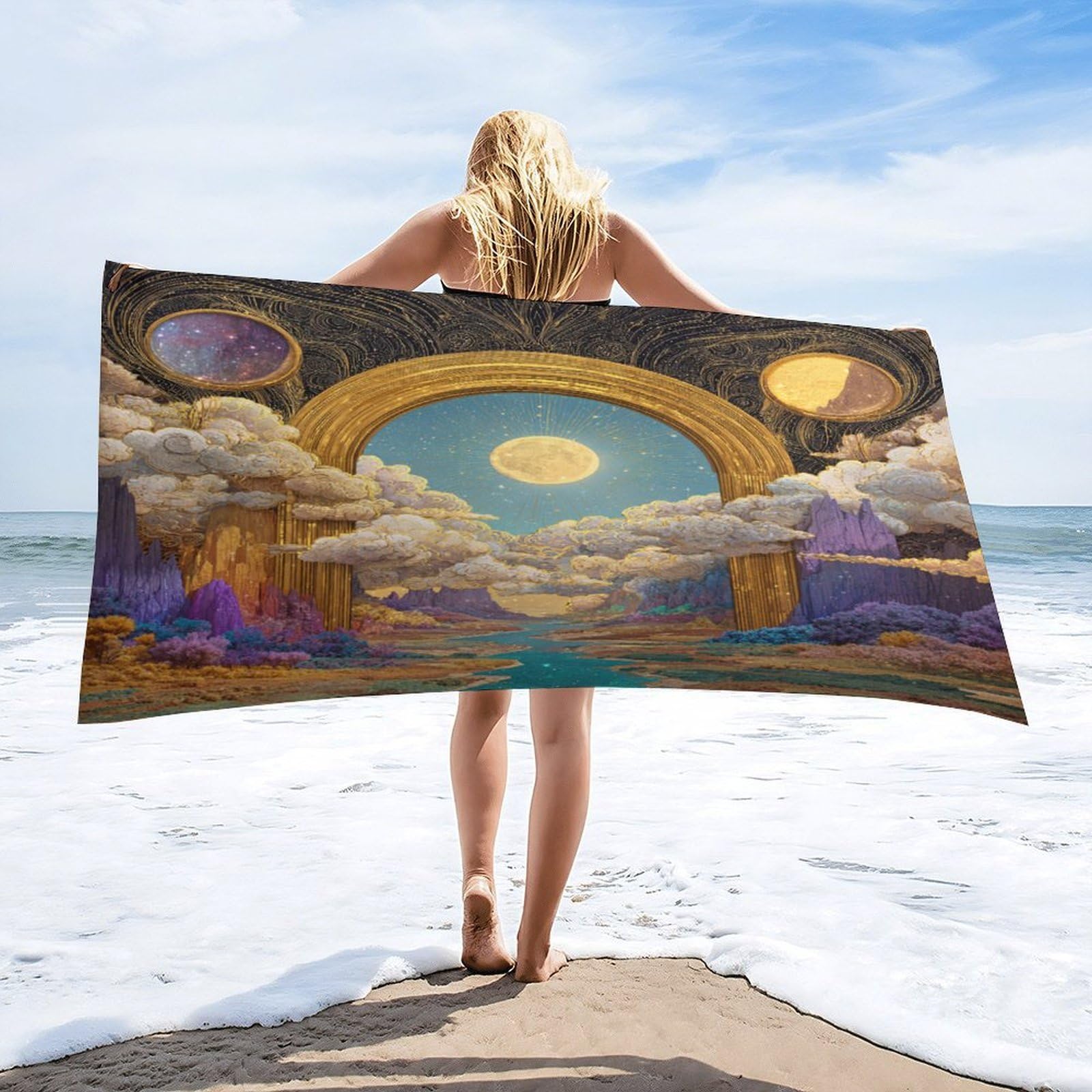 Luyysky Rustic Colorful Fantasy Archway Absorbent Beach Towel, Classic Watercolor Full Moon Starry Sky Outer Space Galaxy Outdoor Single-Sided Velvet Beach Towel-80 W Cm X 160" L Cm