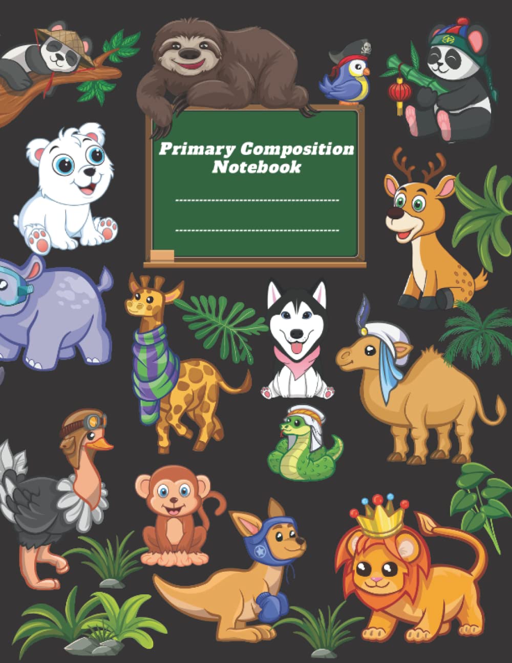 Primary Composition Notebook :: Black cover with cute animals , For kids ,Wide Ruled Comp Book, with Picture Space and Dotted Midline, Grades K-2 ... School Supplies, - Large 8.5 x 11 (120 pages)