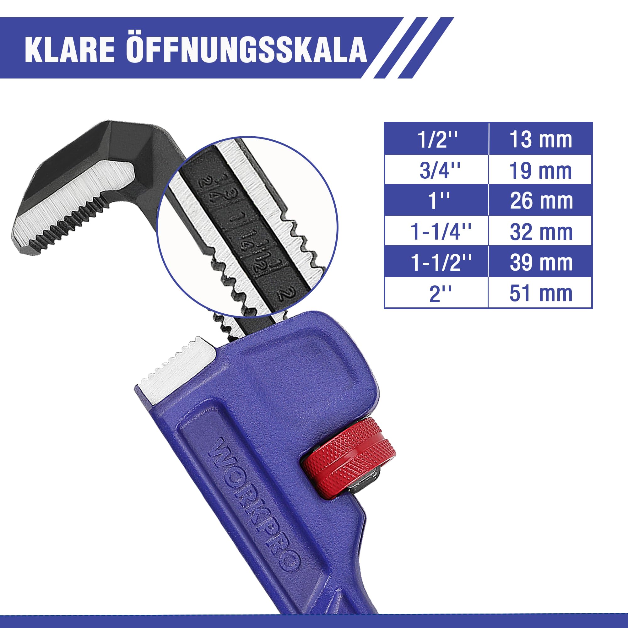 WORKPRO Rohrzange 350mm/14, max. Maulweite 70mm, 14 Zoll gerade Einhandrohrzange mit Skala, Wasserpumpenzange für Profi und Heimwerker, Reparatur von Abwasser- oder Heizungsrohren