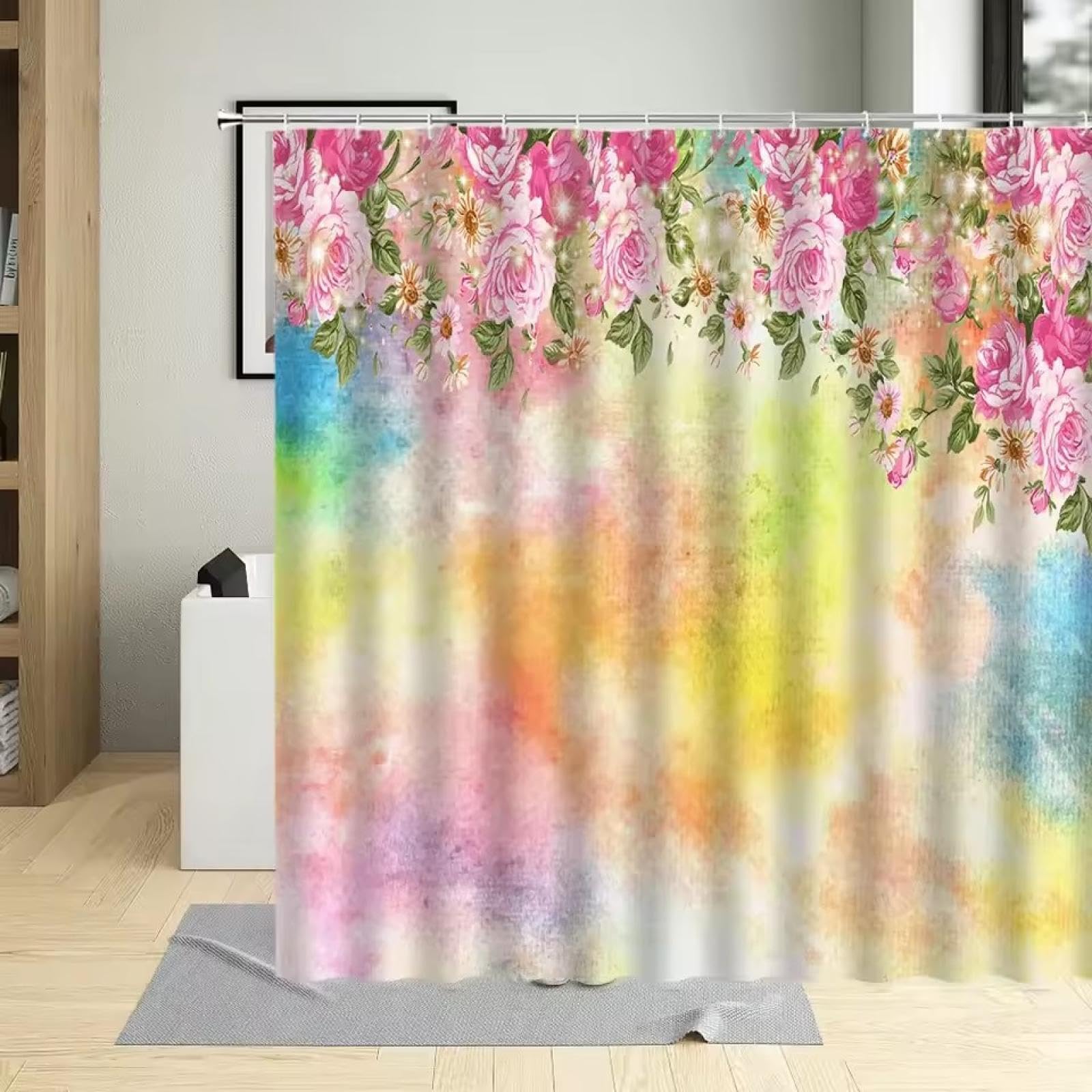Rideaux de salle de bain à fleurs imperméables et lavables en machine 118x220cm