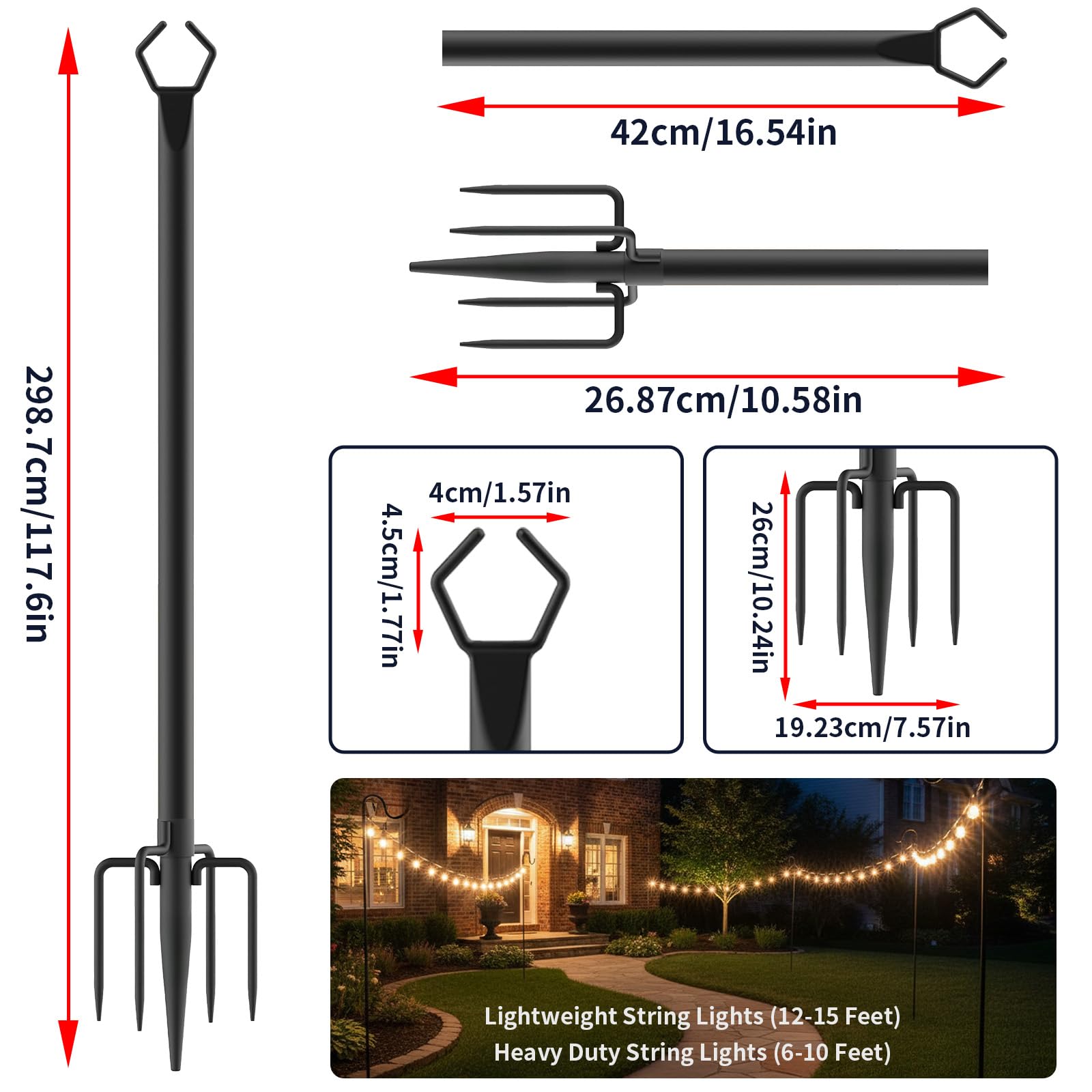 2 Stück 2,5 m lange Lichterkettenstangen außen – Lichterkette mit Gabel für Deck, Garten und Terrasse, langlebiger Terrassenbeleuchtungsständer für Hochzeit, Partys und Weihnachten
