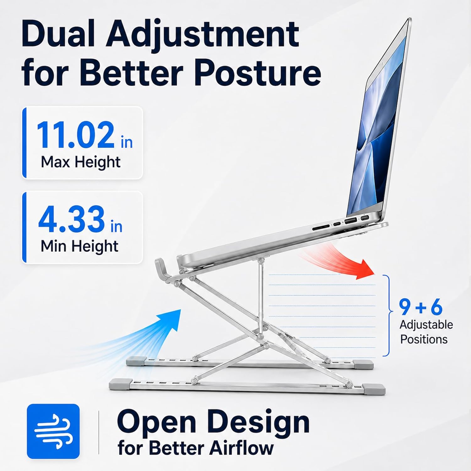 Laptop Stand for Desk, Adjustable Portable Foldable Riser, Silver | 15 height settings, non-slip support, and a lightweight folding design for 10–15 in laptops and tablets.