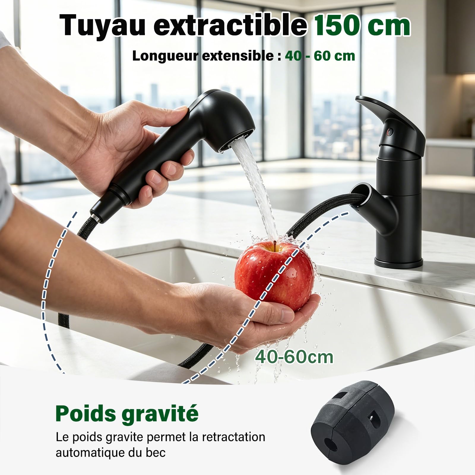 Robinet Cuisine Noir,Mitigeur Cuisine avec Douchette Monocommande,Robinet Pivotant À 360° pour 1 Trou,2 Modes de Pulvérisation