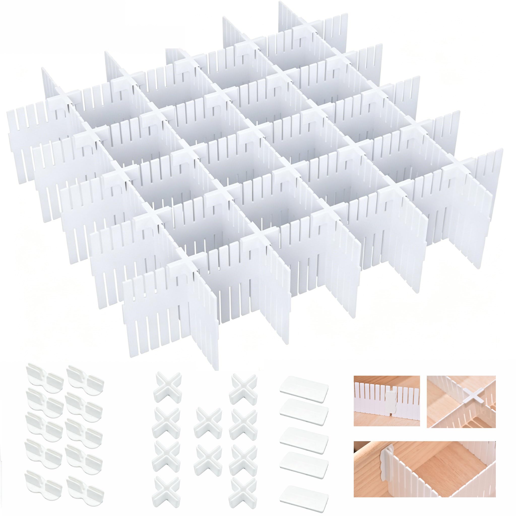 YQYQNT 20 Pcs Drawer Dividers with 25 Connectors, Drawer Storage Organisers, DIY Plastic Drawer Separators, Cuttable Drawer Dividers for Clothes, Socks, Underwear, Bedroom, Kitchen (32×7×0.2cm)