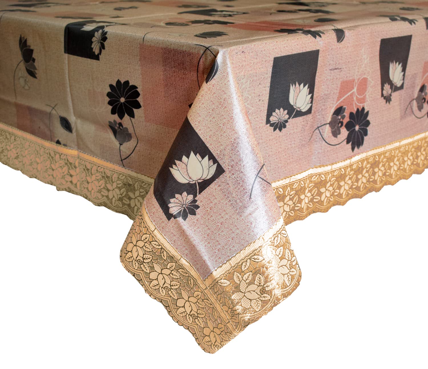 Kuber Industries Flower Printed PVC Spillproof Waterproof Antislip Wipe Clean 4 Seater Center Table Cover with Gold Lace Border 40"x60" (Golden)