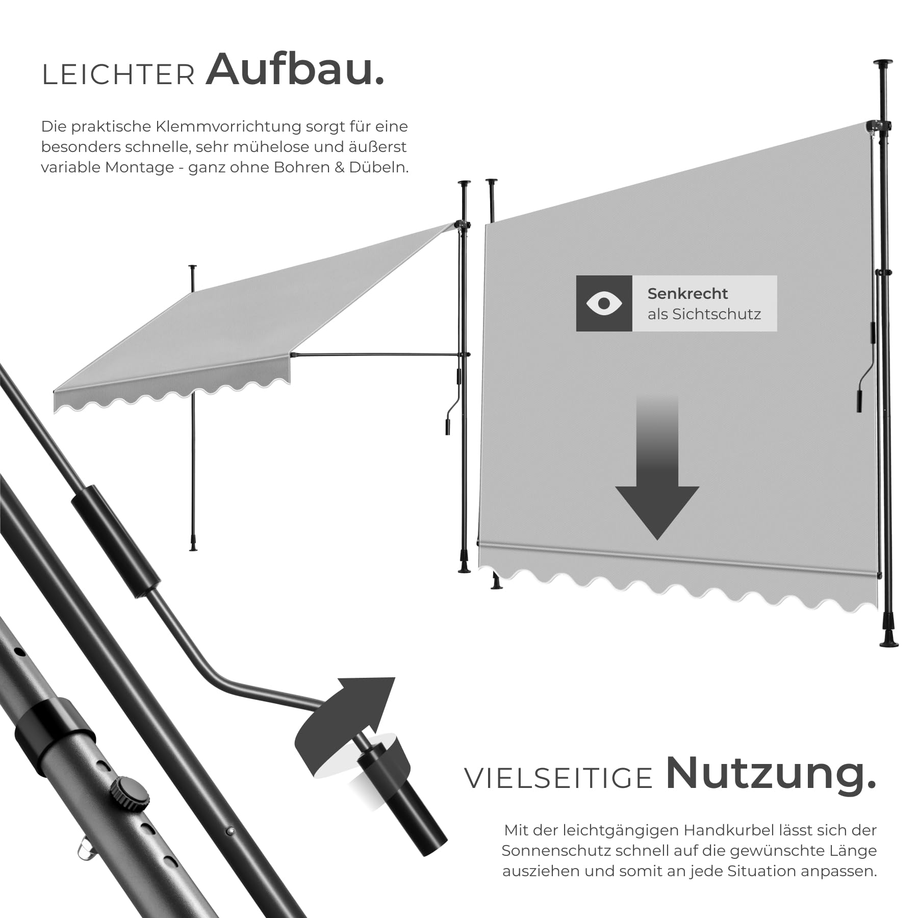 tectake® Klemmmarkise mit Handkurbel, Balkon Markise ohne Bohren, Markise höhenverstellbar, UV-beständig, wasserabweisend, Terrassenüberdachung, Sonnenschutz Terrasse & Balkon, Breite 300 cm -hellgrau