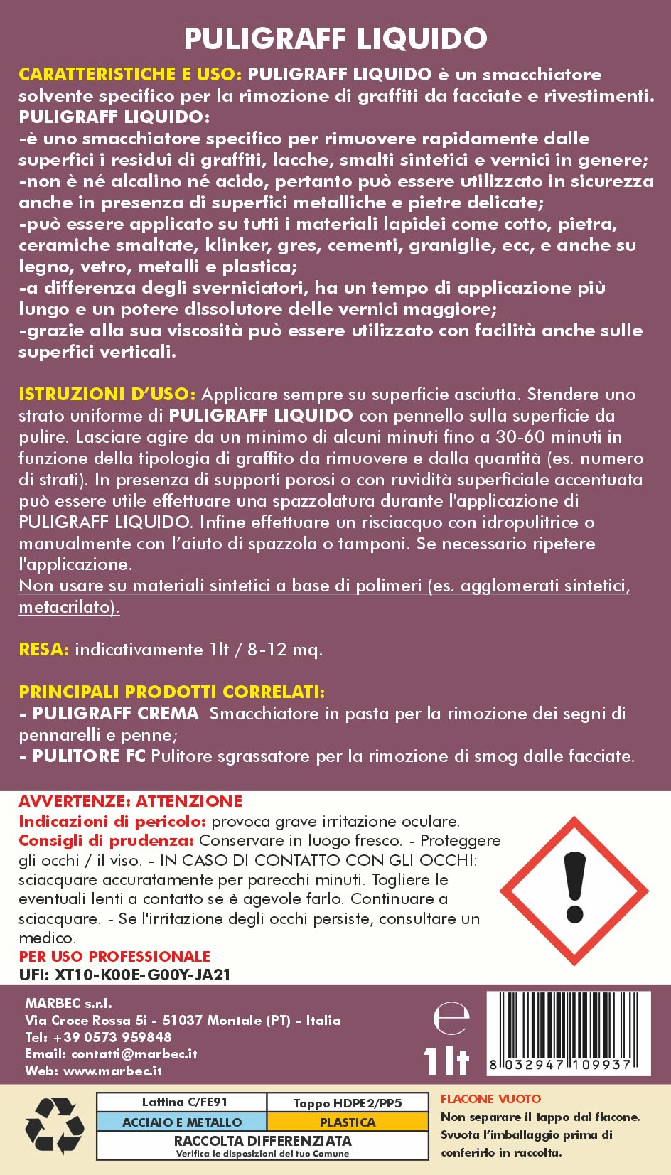 MARBEC PULIGRAFF LIQUIDO 1LT Smacchiatore per la rimozione dei graffiti da facciate e rivestimenti