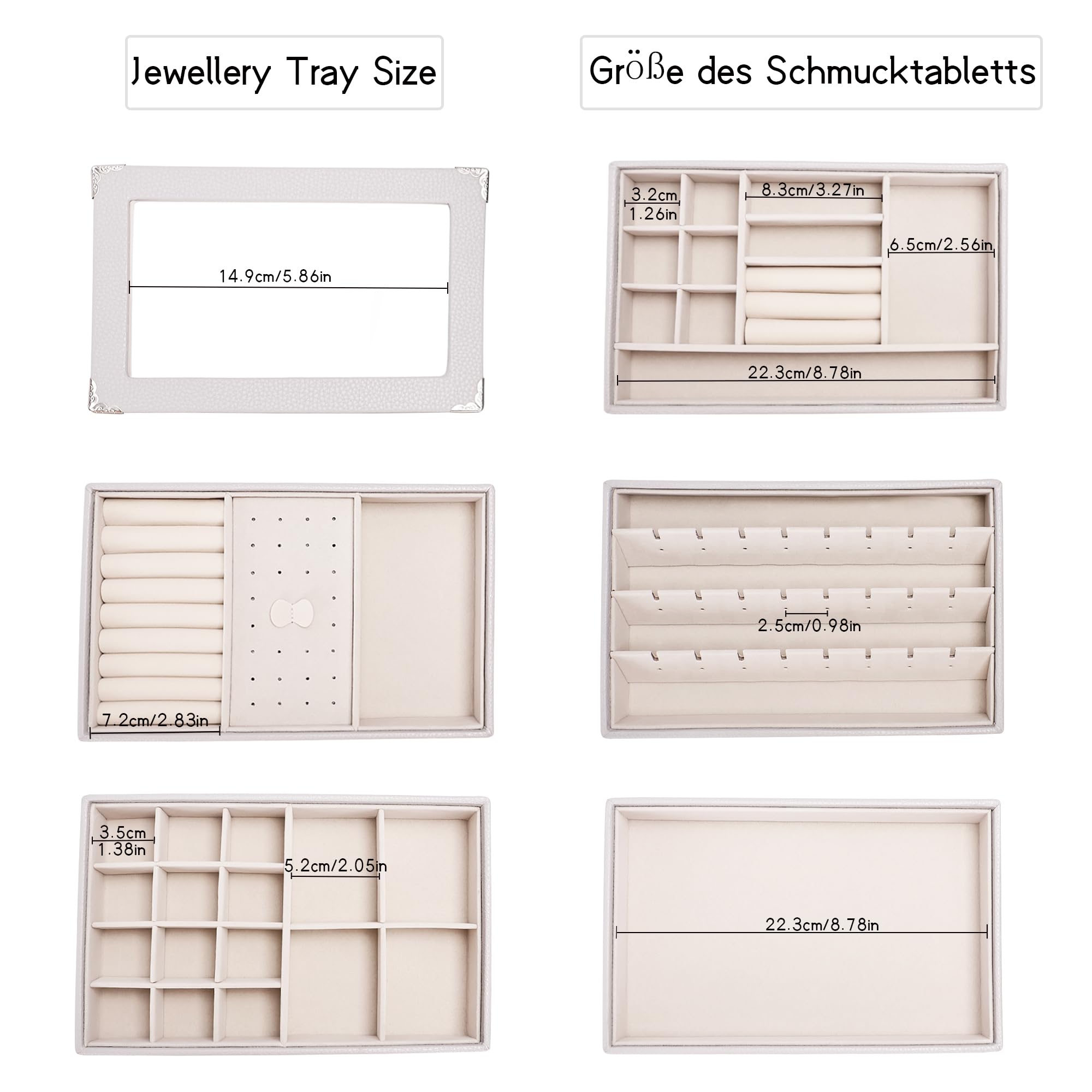 Bandeja organizadora de joyas apilable de 5 capas con tapa transparente, bandeja de exhibición de joyas para cajón, joyero grande para tocador (gris claro, Cinco capas de tapa de separación)