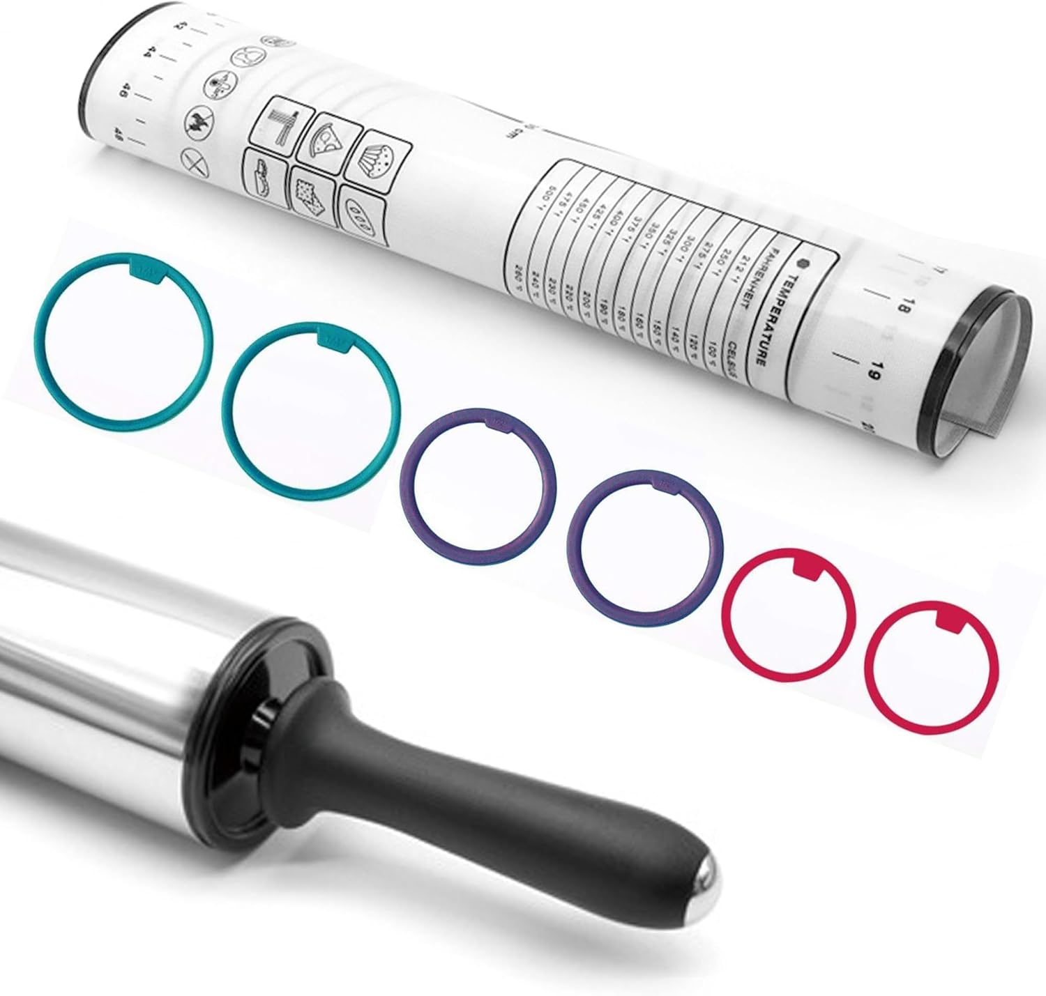 Rolling Pin Set - Adjustable Rolling Pin with Thickness Rings and Silicone Baking Mat 24"x 16", Stainless Steel Dough Roller Baking Supplies for Pizza Pastry Fondant Pie Pasta(19inch)