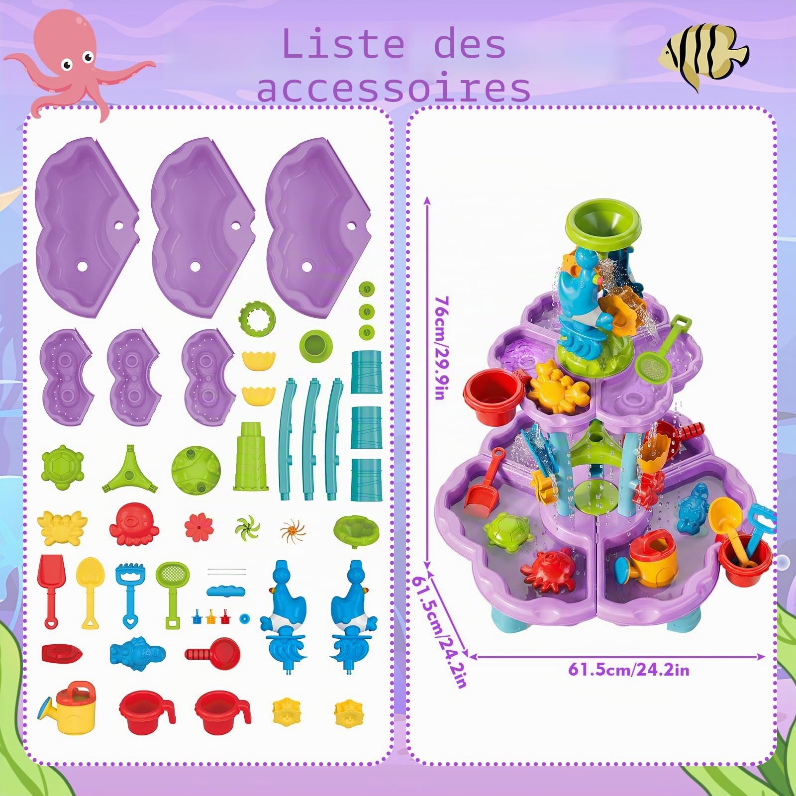 deAO Table à Eau de Sable 3 en 1 pour Enfants, Plage Jeu Sable Eau - Double Niveau avec 13 Accessoires, Table d‘Activités Sensorielle de Plage pour Garçons et Filles de 3 4 5 6 Ans (Violet)