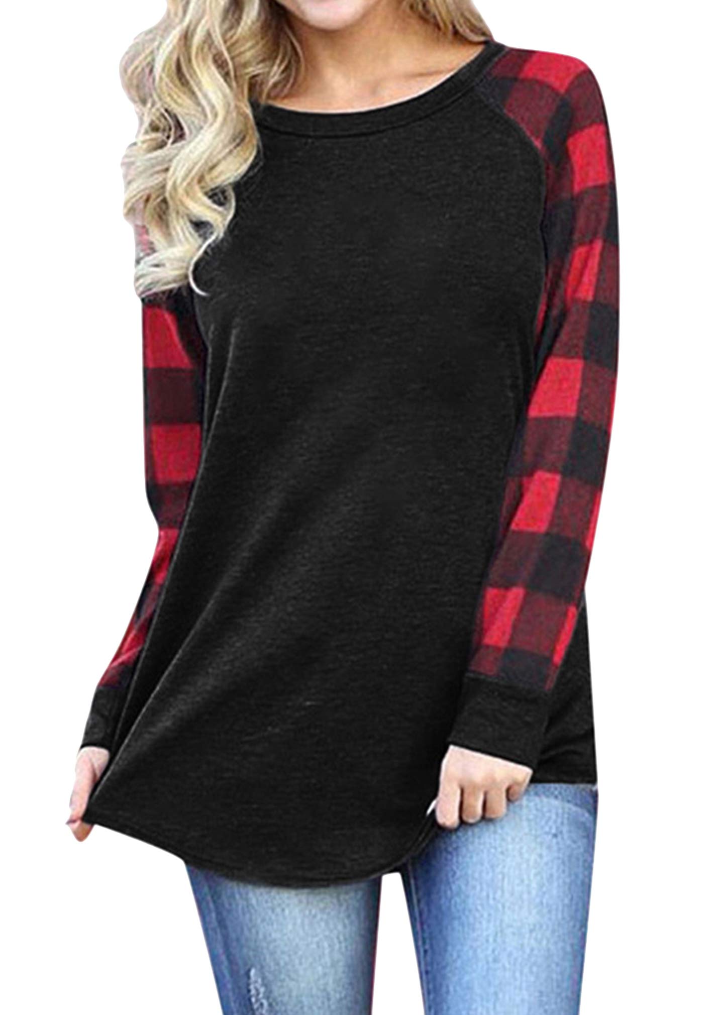 BOFETAWomen's Christmas Plaid Splicing Shirt Long Sleeve Christmas Patterned Tops Plus Size