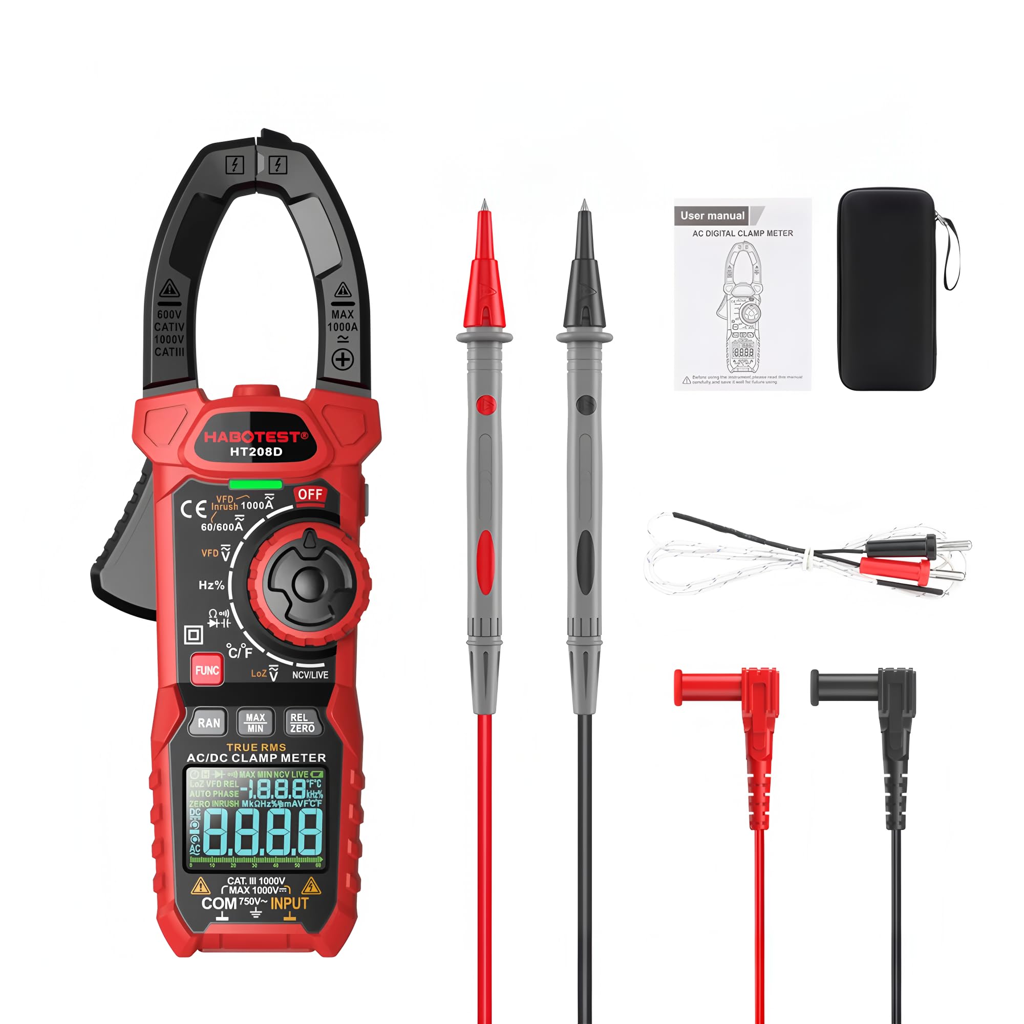 HT208D Multimetro Pinza AC/DC Digitale Misuratore Multimetro Pinza Amperometrica True RMS Alta Precisione Capacitività NCV Ohm Hz Tester (HT208D AC/DC 1000A)