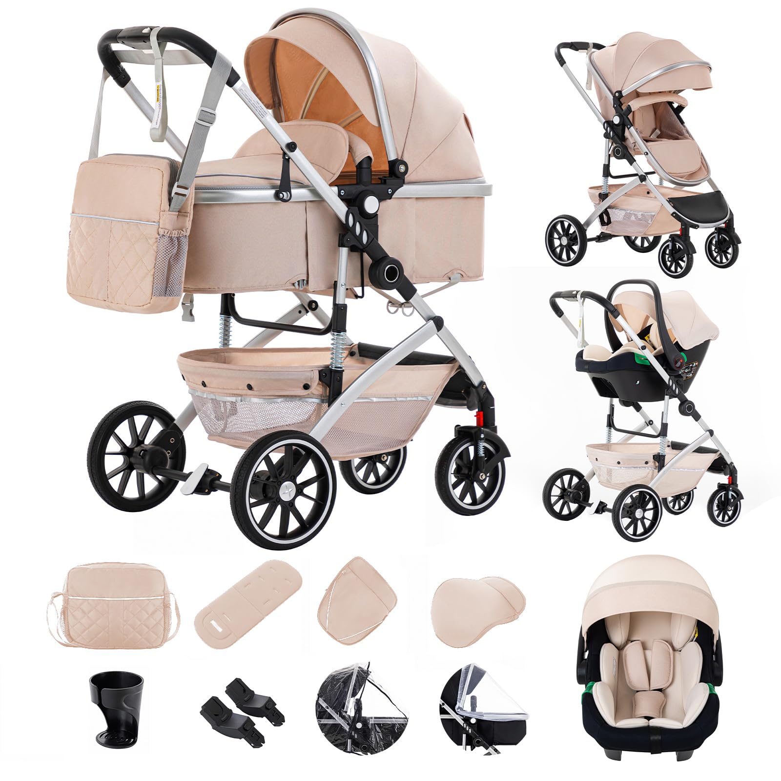 Passeggino 3 in 1 con seggiolino auto pieghevole telaio alluminio per neonati 0-4 anni