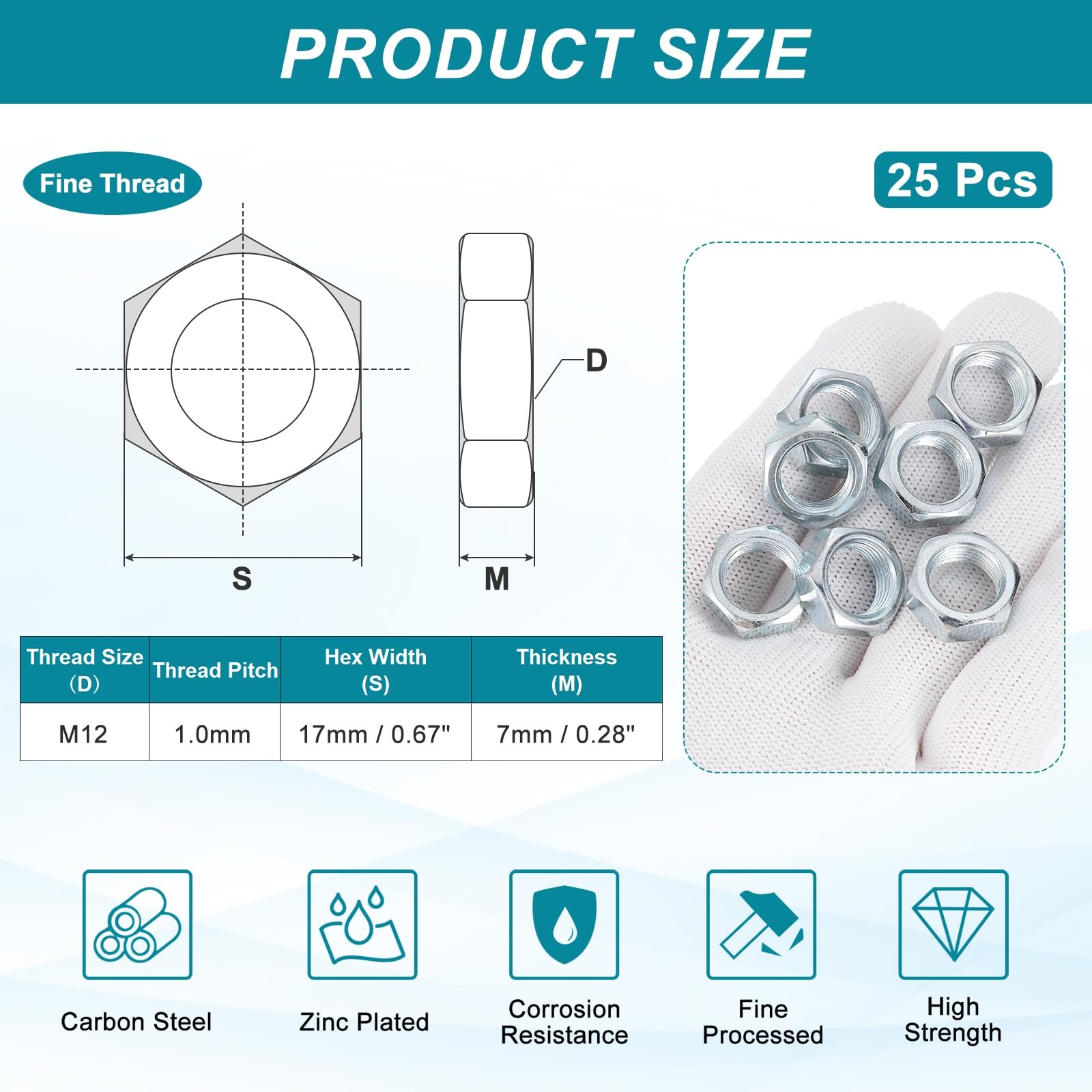 PATIKIL M12x1x7mm Steel Hex Nuts - Image 2
