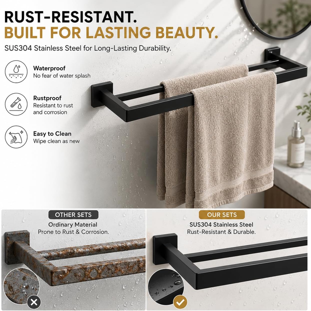 5-Piece Bathroom Hardware Set, 23.6" Double Towel Bar & Wall Mounted Bathroom Accessories, SUS304 Stainless Steel Solid Metal Construction, Modern Square Design for Contemporary Bathrooms, Matte Black image 3