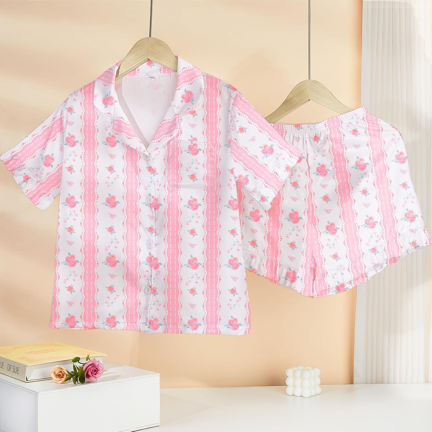 MHJY Toddler Girls Pajama Set Silk Satin Girls Pajamas Short Sleeve Button-Up Top Pajamas for Kids - Image 3