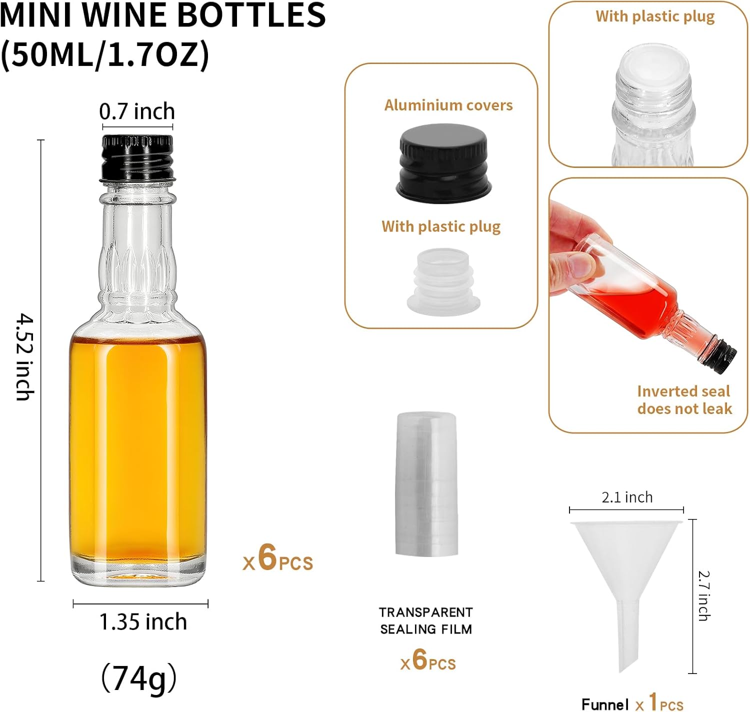 SIMILAR TO NOT EXACT eispap 6Pcs plastic neckline Mini Glass Liquor Bottles with Lids Small Wine Bottle Reusable Empty Alcohol Bottles with Aluminum Black Screw Cap (6) 