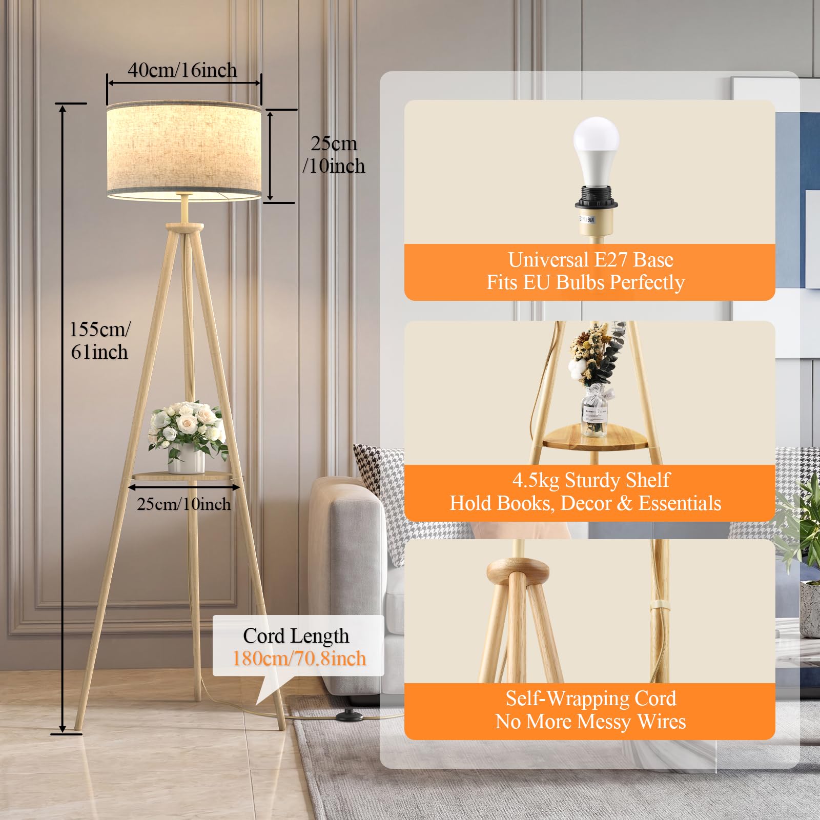 Dreibein Stehlampe Wohnzimmer mit Regal - 12W Holz LED Dimmbar Stehende Lampe mit Fernbedienung & E27 Lampe, Stehend Leselampe für Schlafzimmer, Büro, Hellbraun – Dreieckiges Regal