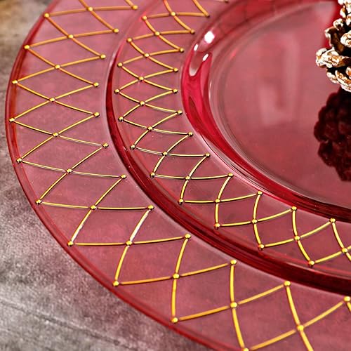 Miniatura 2 de Nervure 150 platos de plástico rojo transparente con borde dorado, plato de fiesta rojo, plato de oro desechable incluye: 50 platos, 25 cuchillos,
