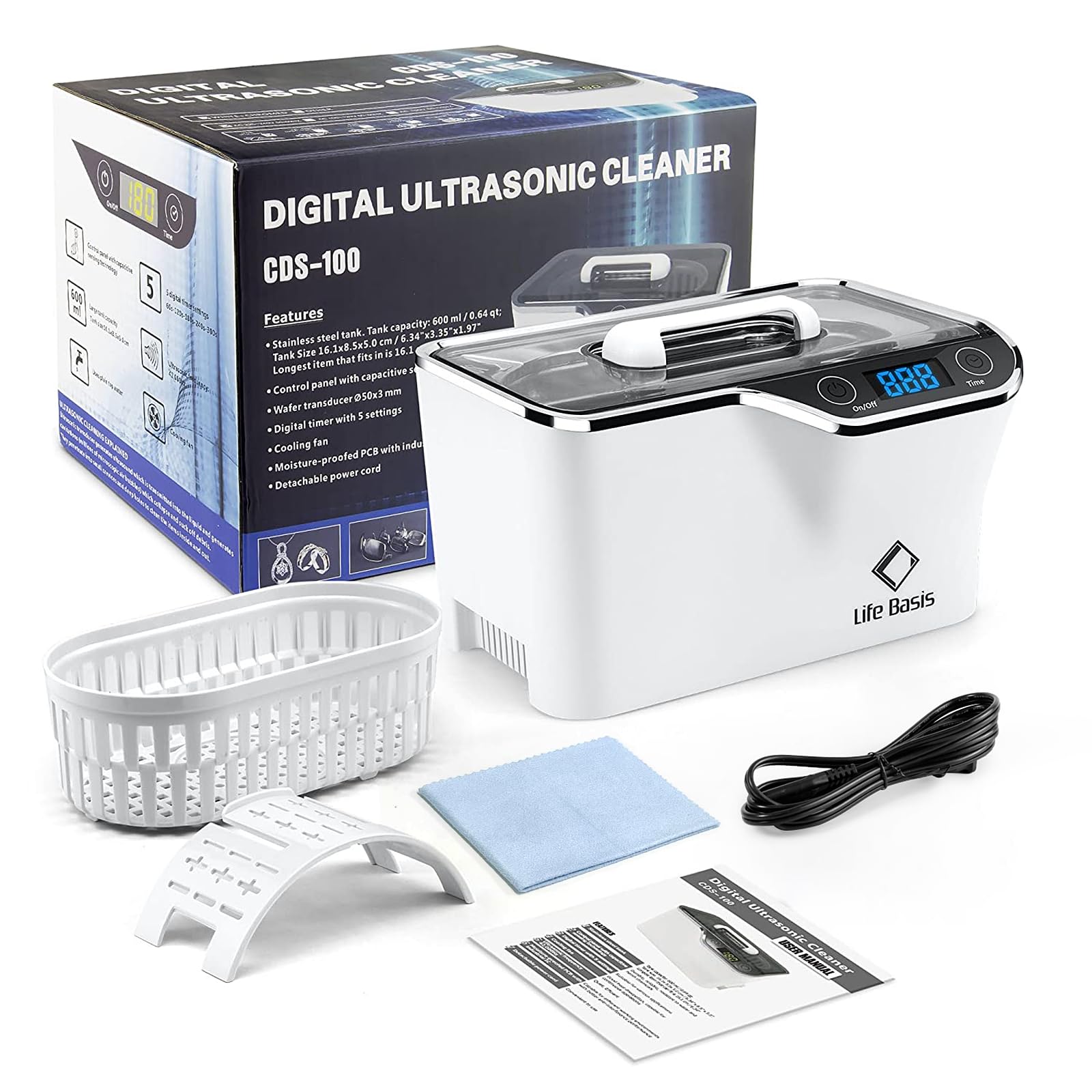 Urządzenie do czyszczenia ultradźwiękowego 48000Hz, LifeBasis 600ML, z funkcją odgazowania i 5 ustawieniami czasowymi do czyszczenia okularów, biżuterii, protez zębowych, zegarków