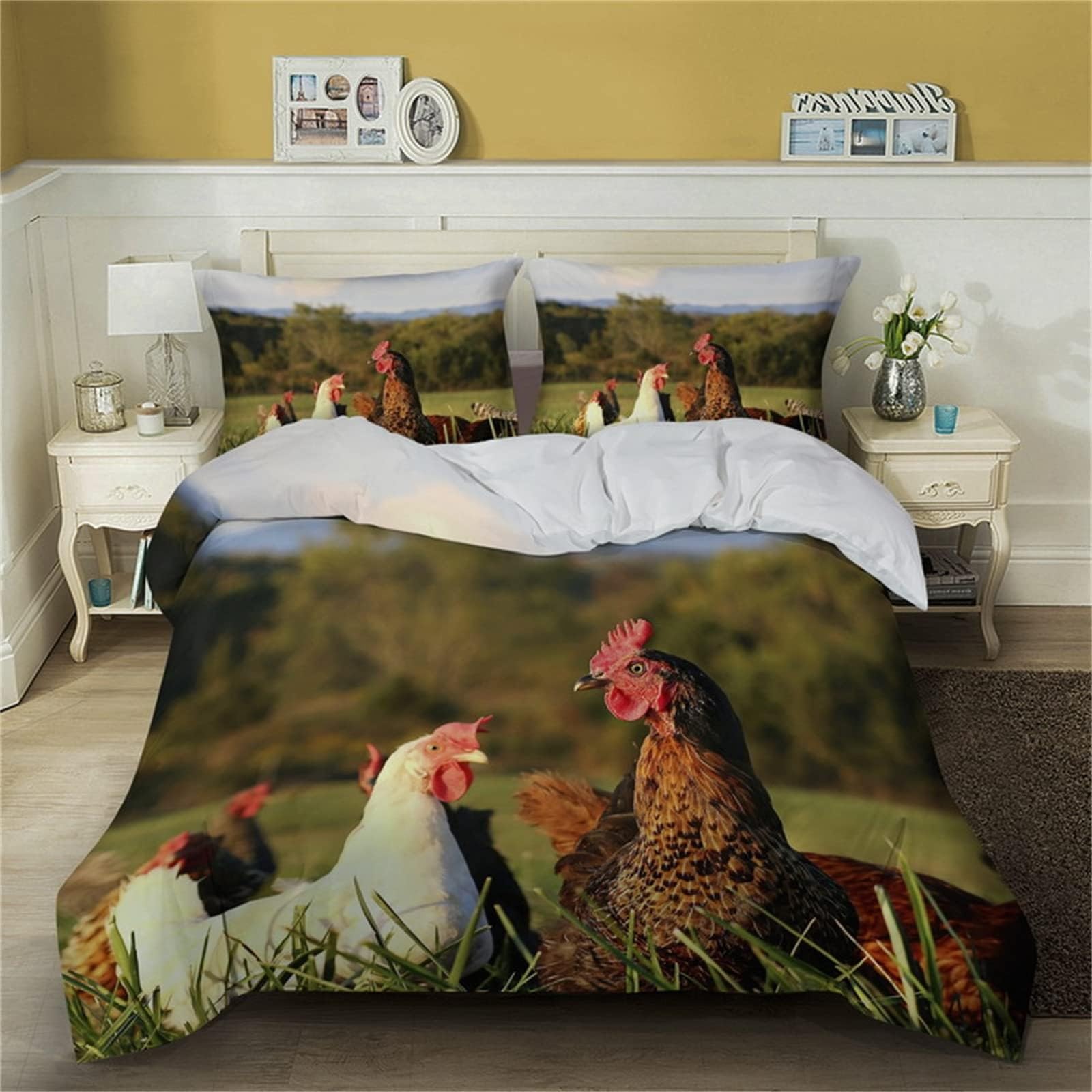 Housse de couette 240 x 260 poulet et parure de lit 2 personnes en microfibre douce