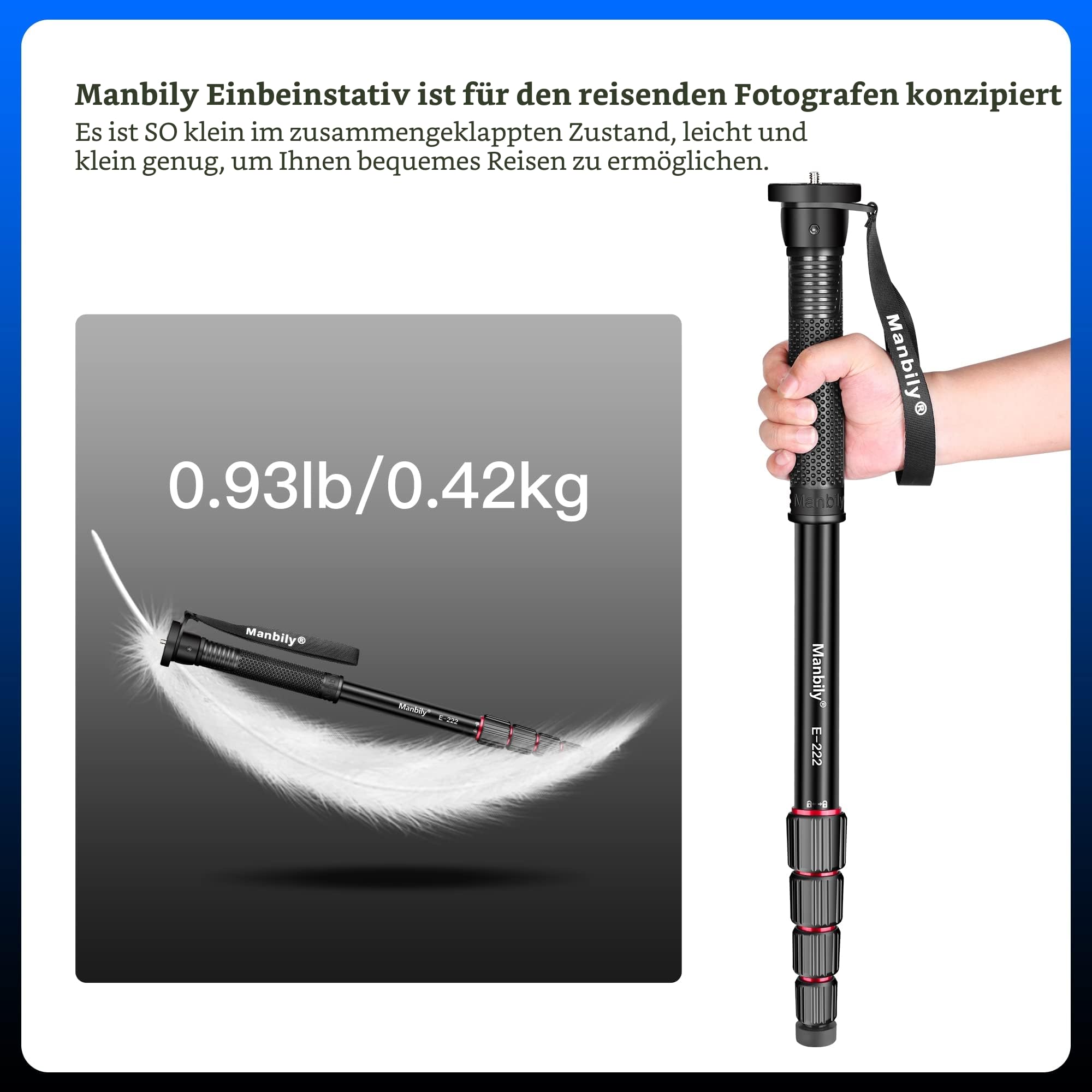 Manbily 165cm Kamera-Einbeinstativ 5 Abschnitte Aluminium Reise-Einbeinstativ für Canon Nikon Sony DSLR-Kameras (E-222)