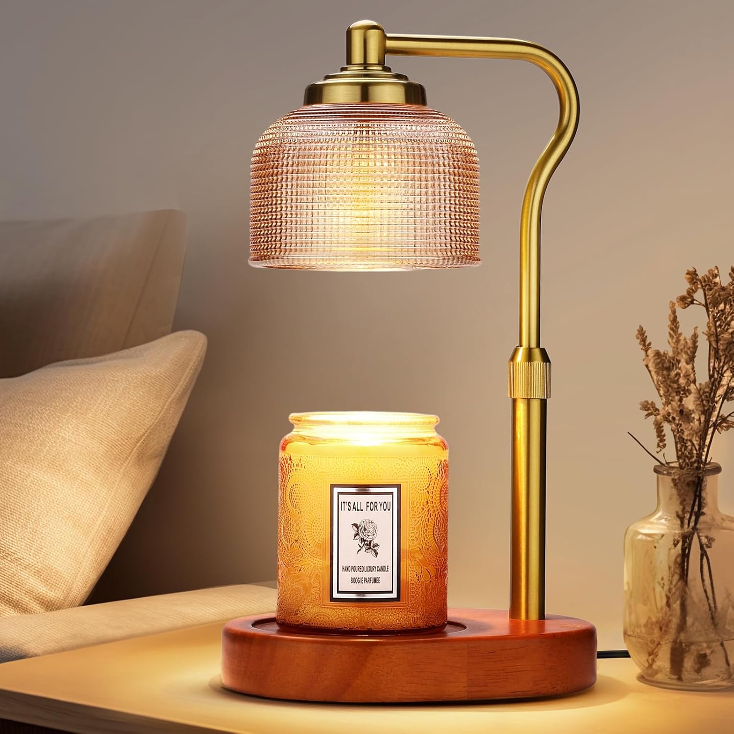 Candle Warmer Lamp Electric Candle Warmer with Timer Dimmable Candle Lamp Warmer with 3 Bulbs Height Adjustable Wax Melt Warmer for Bedroom Home Decor, Amber Gold