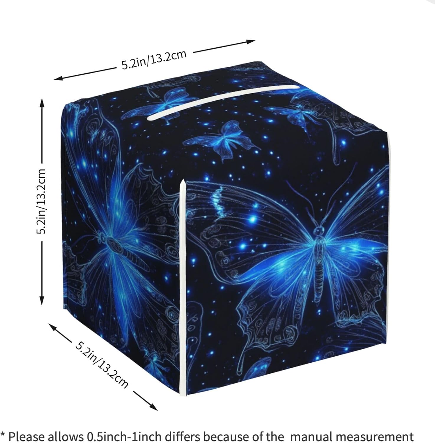 Famame Blue Shining Butterflies Tissue Box Cover Leather Decorative Square Tissue Cube Boxes Holder with Bottom Belt Case Organizer for Bathroom Home Car Decor image 2