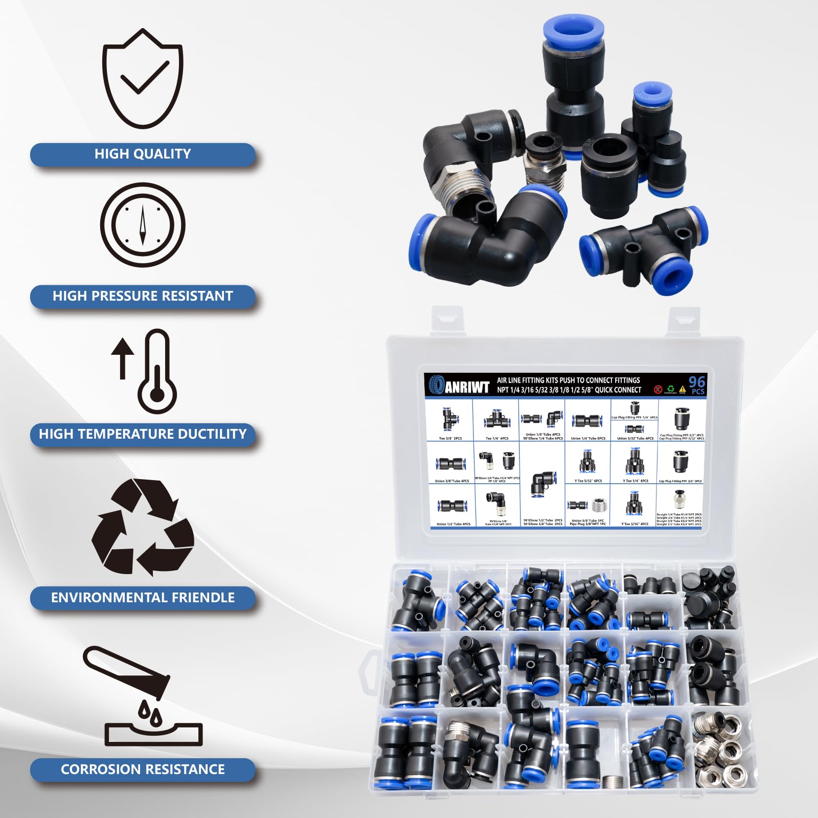 96Pcs Quick Connect Air Hose Fitting Kit, NPT 1/4,3/16, 5/32,3/8,1/8,1/2,5/8" Push To Connect Fittings Air Line Pneumatic Fittings Kit Connectors For - View #11