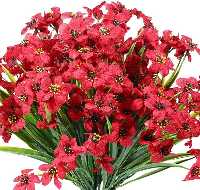 Ruiuzioong Artificial Violet Flowers Outdoor UV Resistant Fake Flowers 6pack No Fade Faux Plastic Plant Shrubs Greenery for Indoor Outside Hanging Planter Window Box Patio Home Decor (Rose Red)