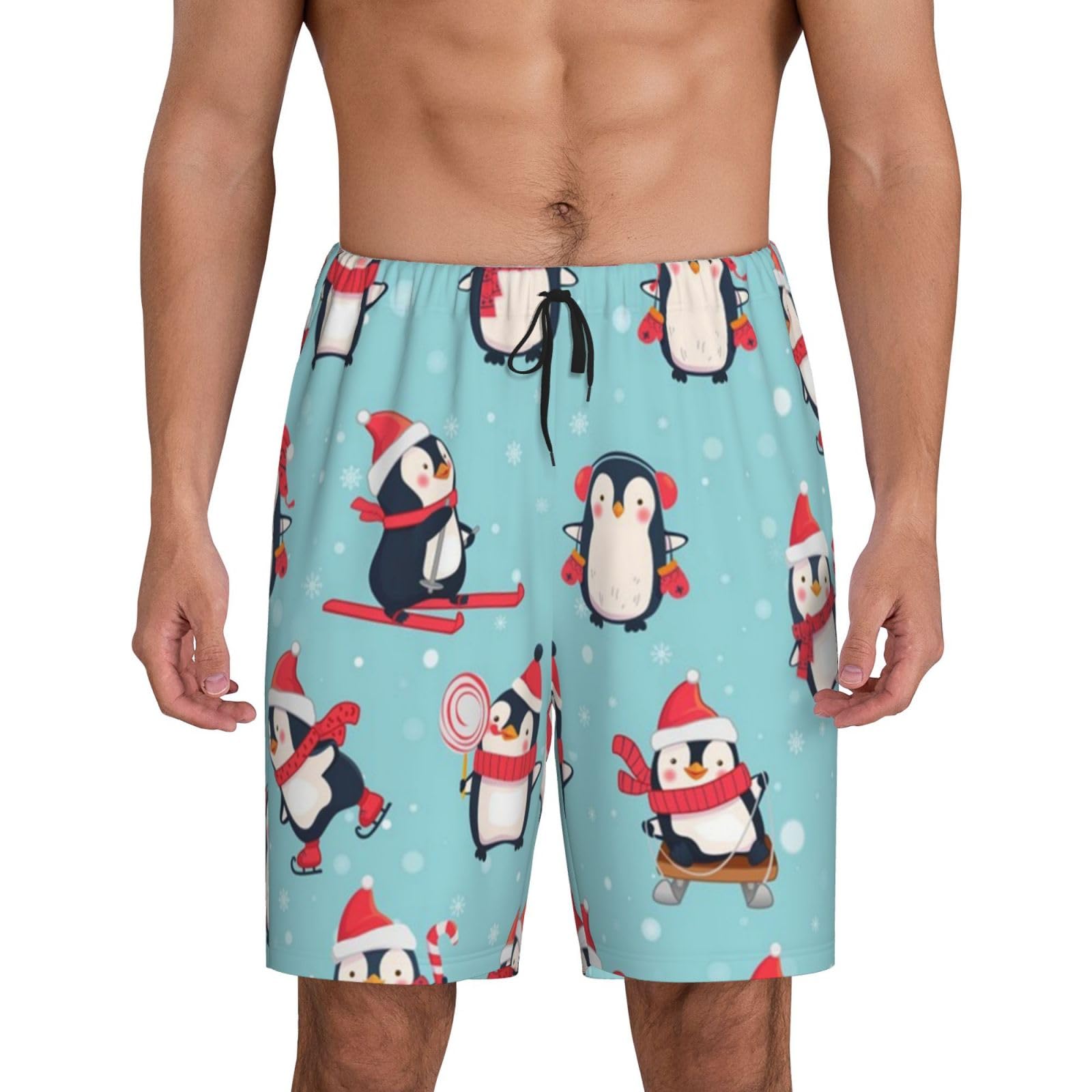 Winter Christmas Penguins Men'S Short Pajama Pants â€“ Lightweight Sleepwear For Relaxation And Comfort, Pyjama Bottoms, Breathable Lounge Pants, Summer Sleep Pants