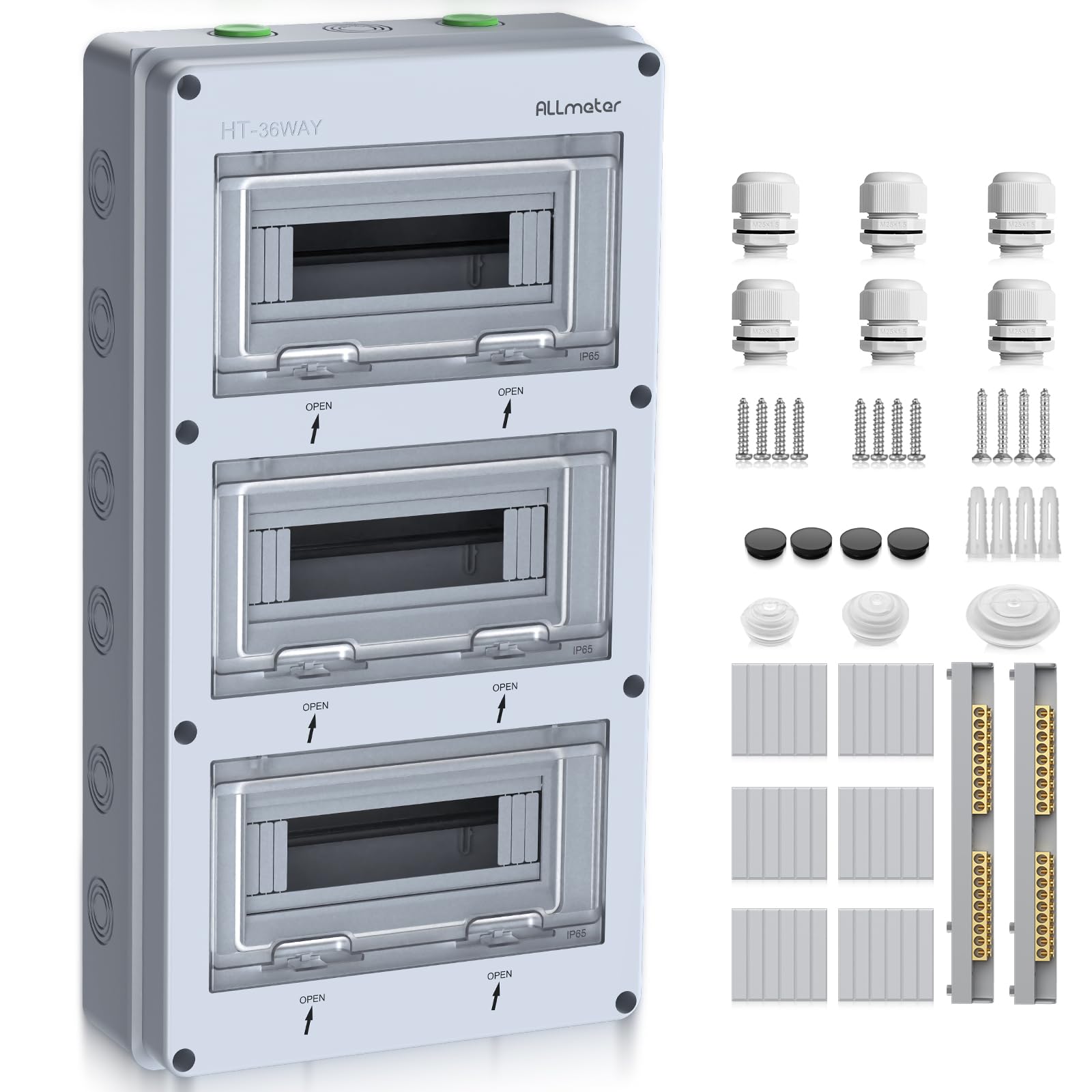 Caja de Distribución ABS de 3Filas 36 Módulos IP65 Impermeable | Caja de Fusibles con Carril DIN Tapa PC Ignífuga, Preperforaciones, Accesorios y Certificado CE para Interior y Exterior