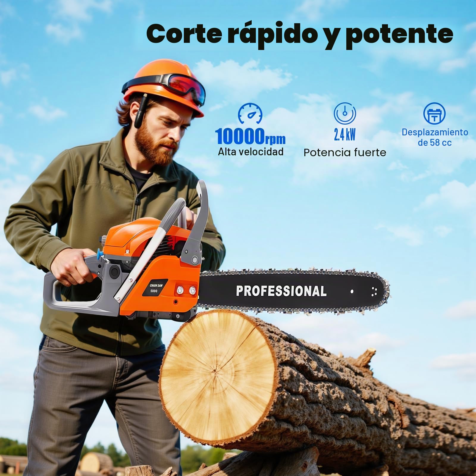 Motosierra de gasolina de 58 cc, 2,4 kW, monocilíndrico de 2 tiempos refrigerado por aire, motosierra con mango antideslizante, depósitos de combustible y función de parada de emergencia