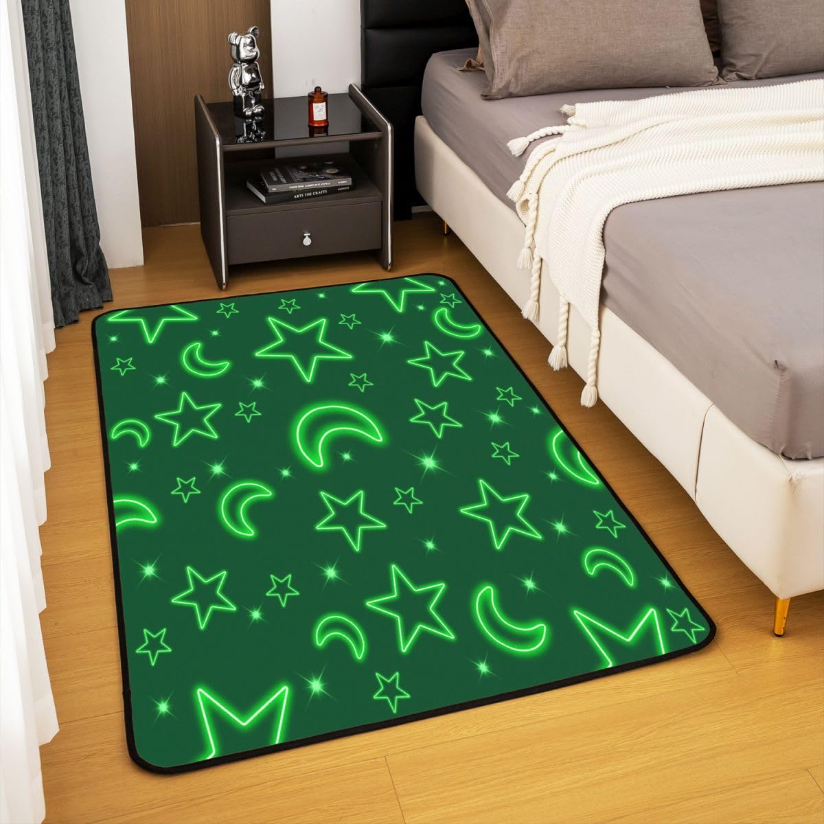 Helles Sternenlicht Drucken Wohnzimmer Teppich 100x150cm Geometrisches Mond- und Sternmuster Schlafzimmerbereich Teppich für Kinder Teens Grüne klassische Retro Sternenhimmel Indoor Matte Heimdekor