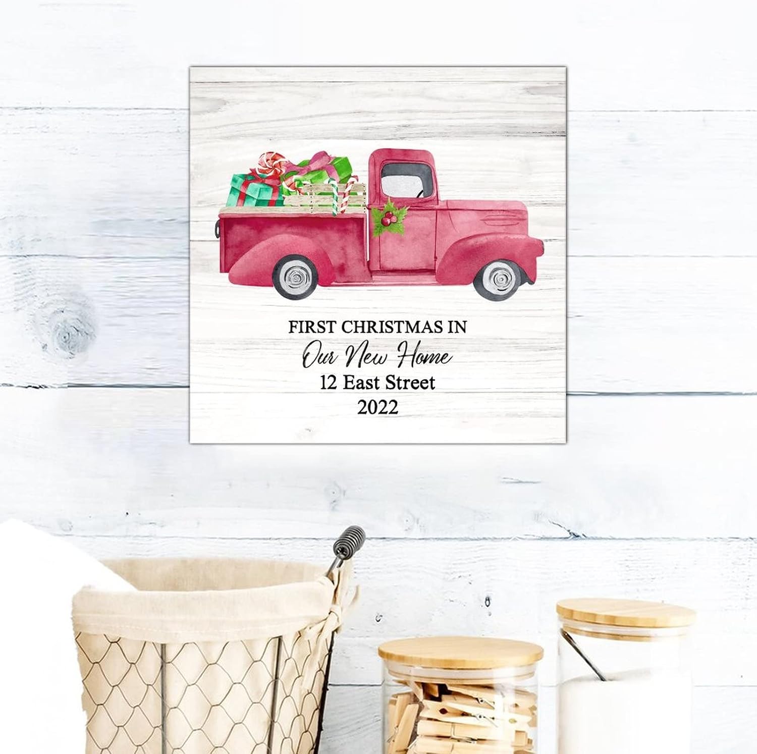 First Christmas in Our New Home Wooden Sign Red Truck Tree Custom Address Name Wood Hanging Plaque Farmhouse Christmas Is Coming Wall Art Decorative For Women Office Bathroom Shelf Decor 16x16in