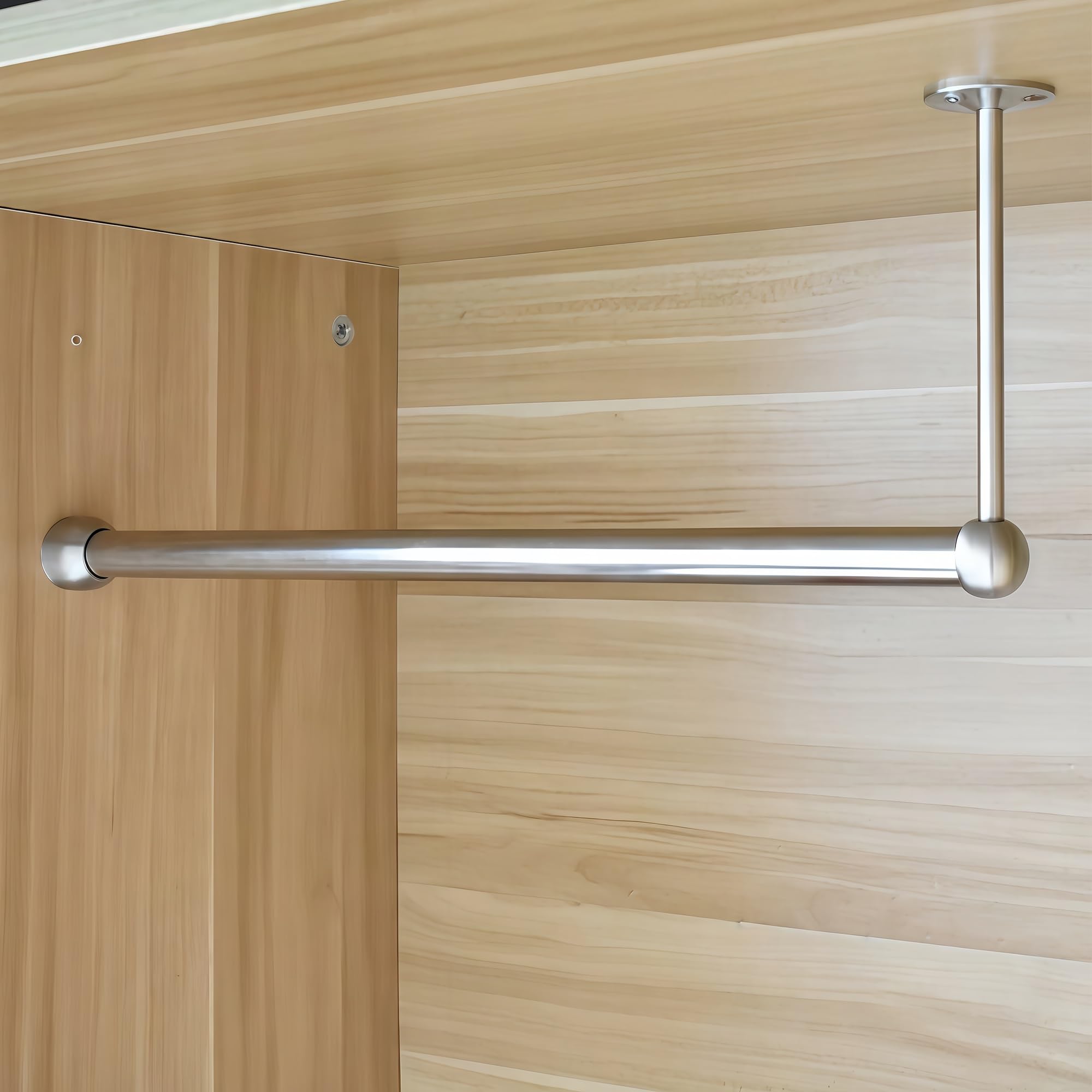 Top-mounted Stainless Steel Wardrobe Hanging Rail, Ceiling-mount Brackets Available in Long and Short Versions, Screw-fixed, Customizable Dimensions(Long rod,150cm/59.1in)