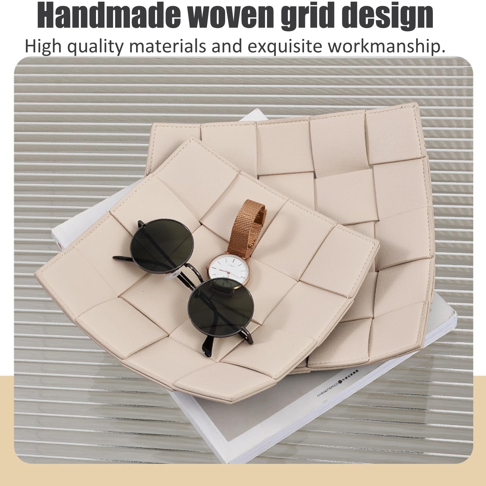 Bandeja de cuero tejido negro – Bandeja para llaves Detive, organizador de joyas, cuenco de exhibición de tocador, soporte de cuero para llaves y accesorios