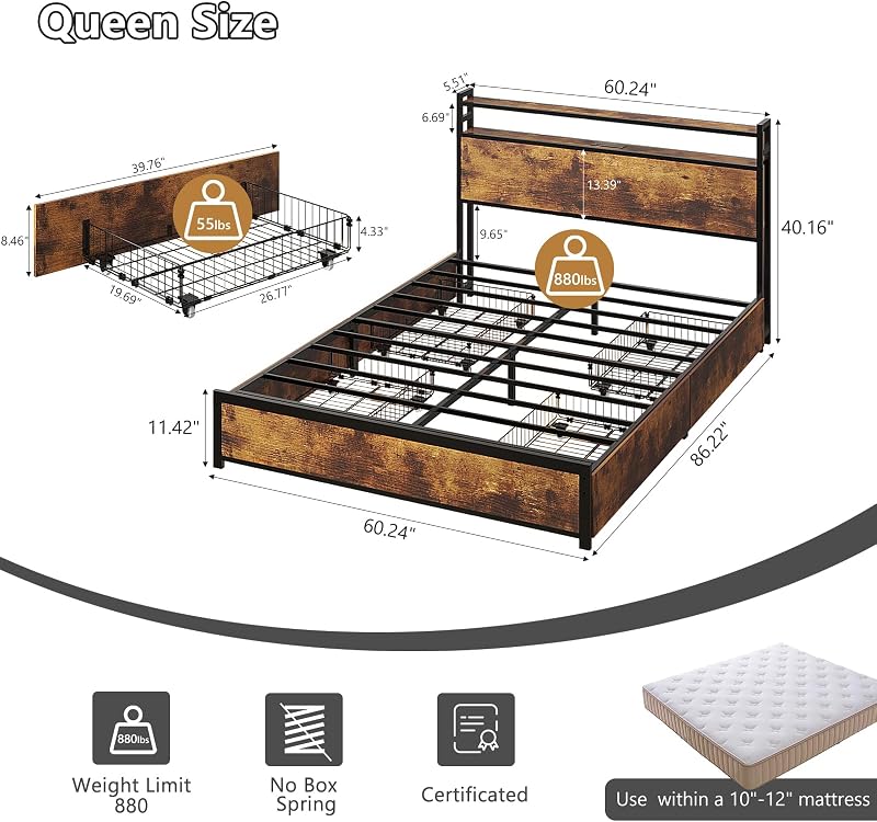 VINGLI Queen Bed Frame with 4 Storage Drawers and Headboard, Metal Platform Panel Bed with Charging Station and RGB LED Lights, No Box Spring Needed, Noise Free, Easy Assembly,Rustic Brown image 2