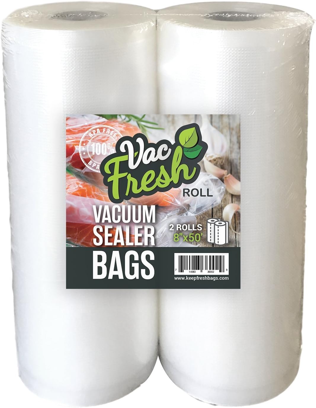 Vac Fresh Food Vacuum Sealer Rolls (8" x 50', 2 Rolls), 3.5mil Embossed Food Storage Bags, Vacuum Seal Bags for Meal Prep, Sous Vide Bags for Cooking (100 Feet)
