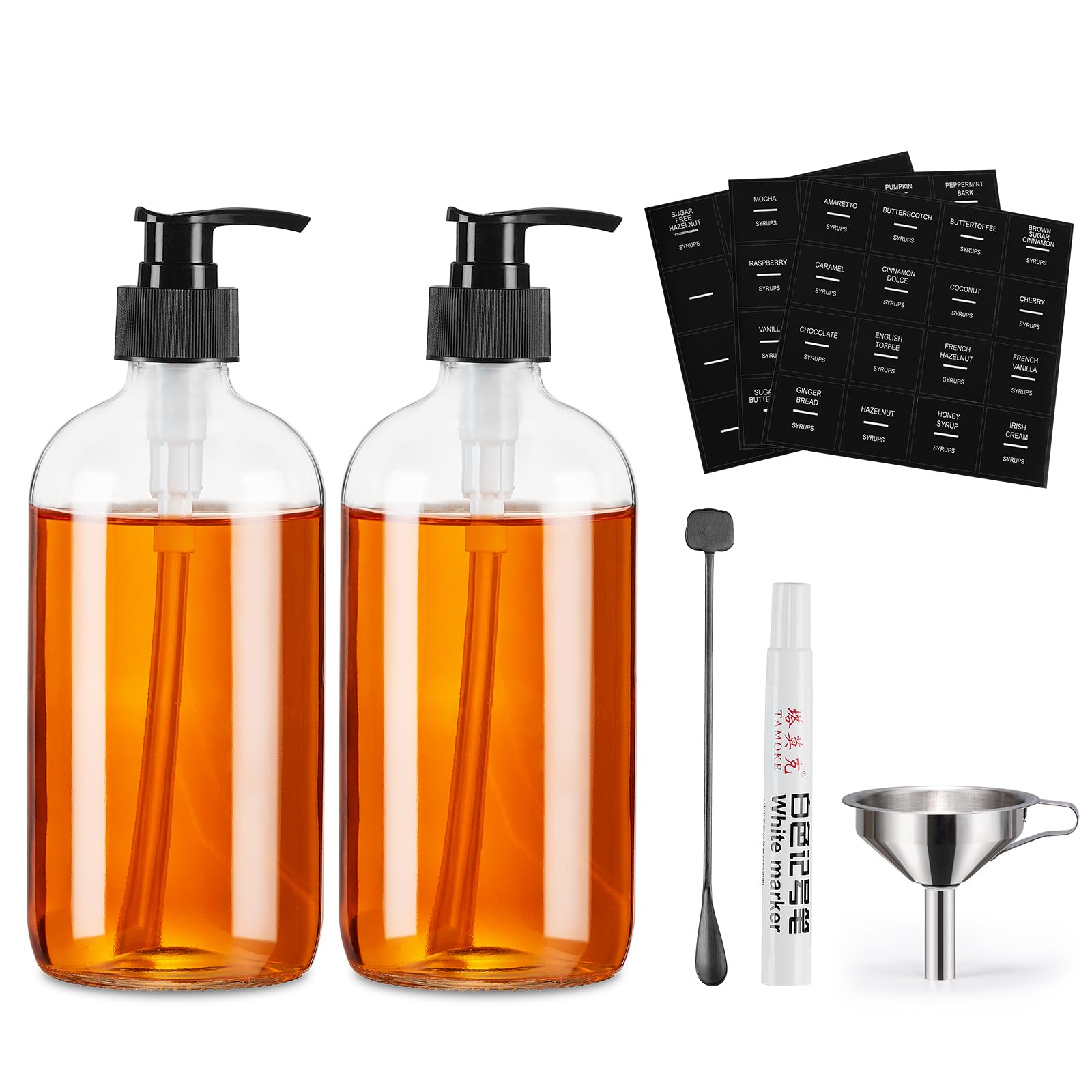 Syrup Dispenser for Coffee Bars Coffee with Spoon, 16.9 oz 500 ml Syrup Dispensers, Set of 2 Black Upgraded Dispenser with Pump,48 Labels