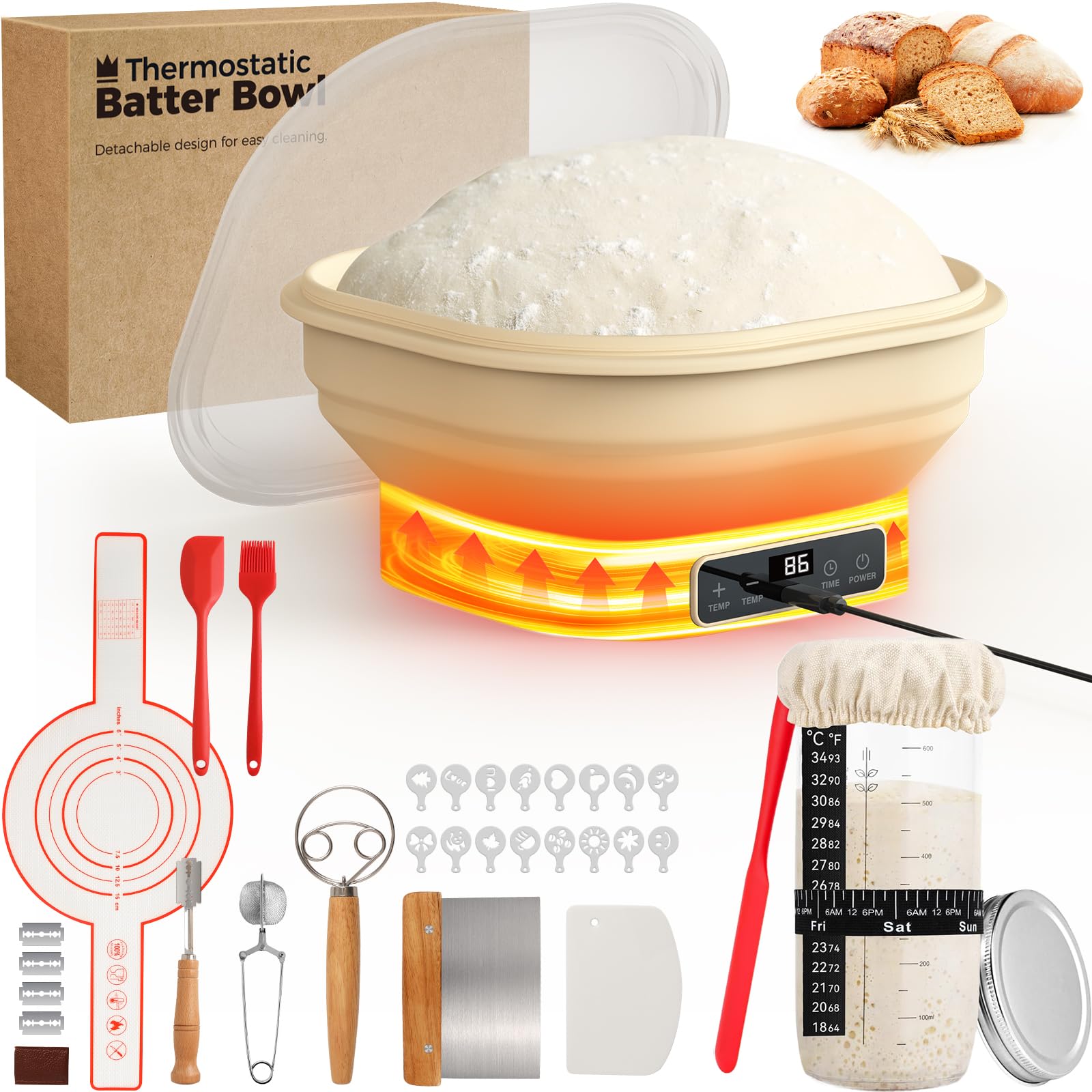 Kit de masa madre de 4 litros con calentador de silicona y 6 ajustes térmicos