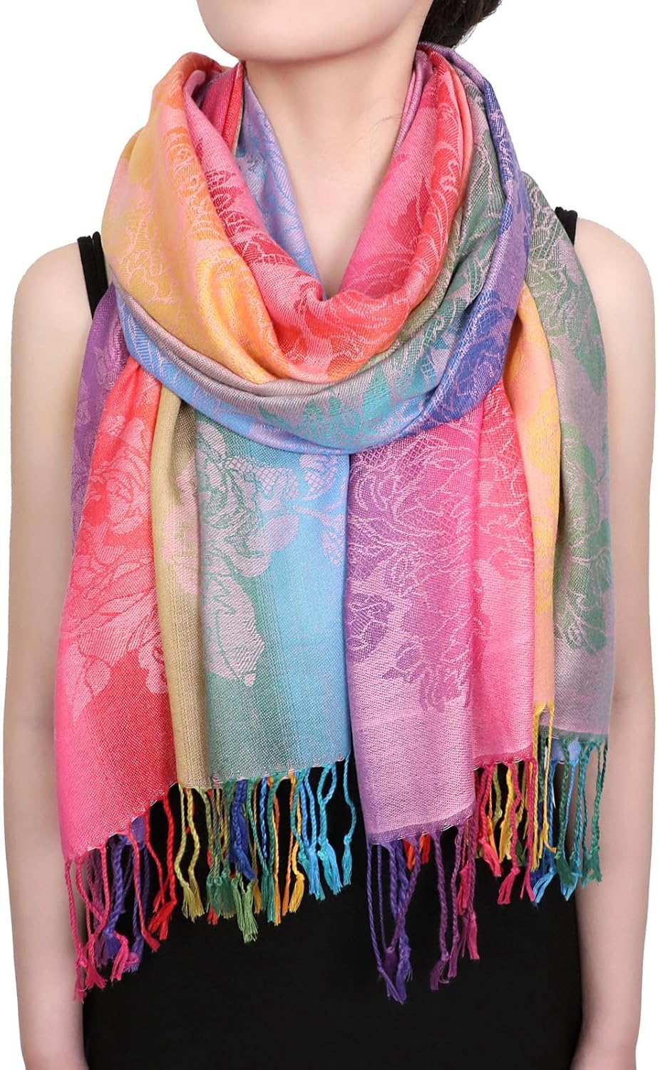Colorful flowers Jacquard cotton pashmina Women Wrap Shawl tassels Scarves - Image 2