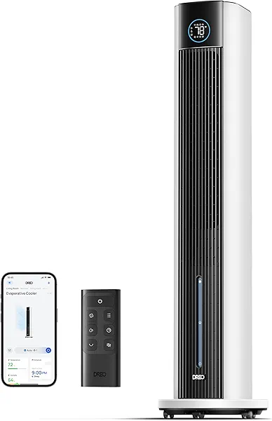 Dreo Tower Fan for Bedroom, 43" Cooling Fans That Blow Cold Air 2025 Upgraded, Evaporative Air Cooler, Quiet 85° Oscillating Floor Fan, Easy Cleaning, APP Control, 4 Modes & 4 Speeds, 12H Timer, White