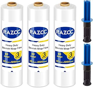 Stretch Film, RAZCC Stretch Wrap Industrial Strength, Shrink Wrap for Pallet Wrap, Heavy Duty Clear Plastic Wrap with Handles, Moving Wrapping Plastic Roll, 15" x 1000 Ft Per Roll, 60 Gauge, 3 Pack