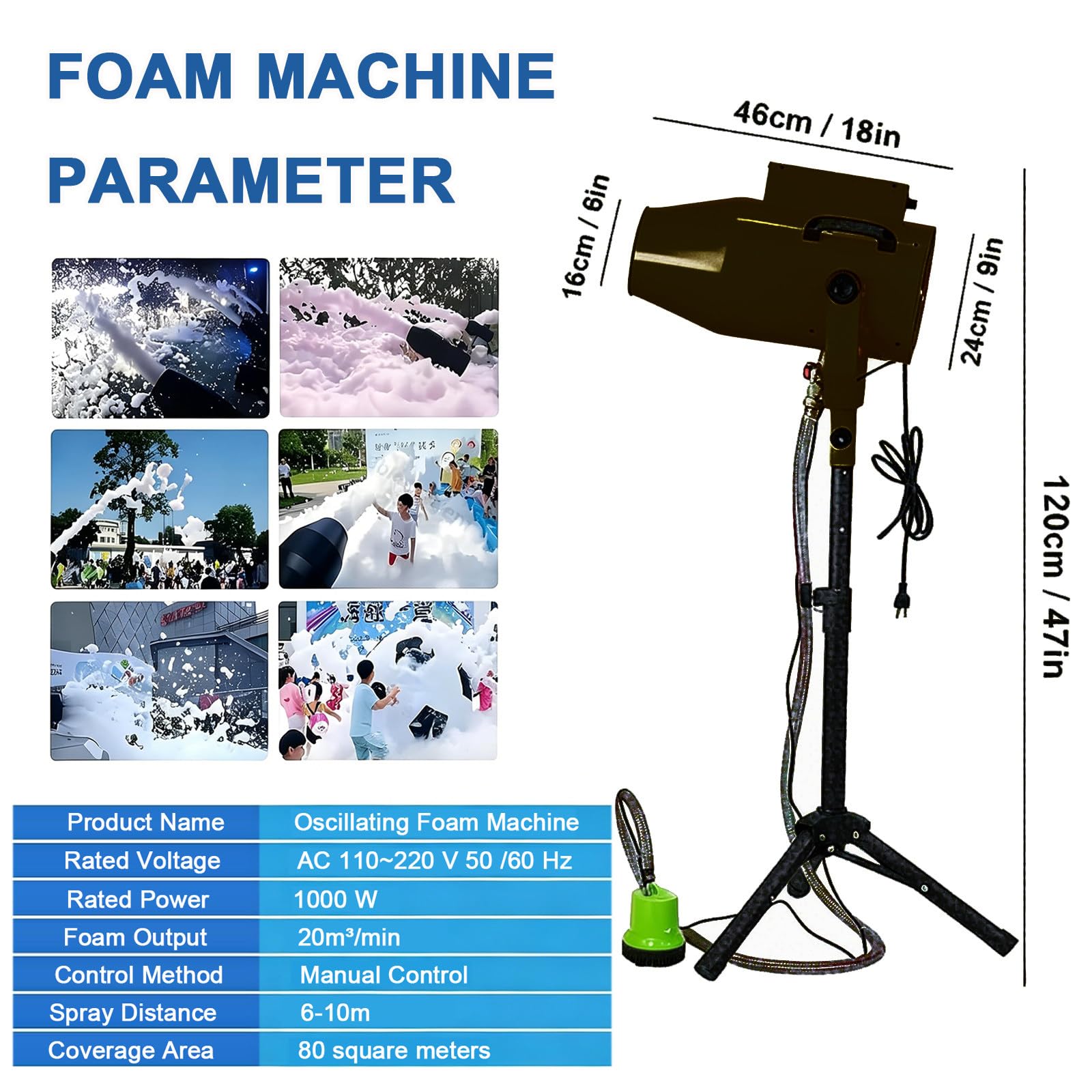 1000W Máquina de Espuma con Efecto de Escenario, con Trípode, ángulo Ajustable, Distancia de 6 a 10 M/área de 80 M², para Fiestas, Eventos, Diversión en la Piscina y Cumpleaños Privados Black