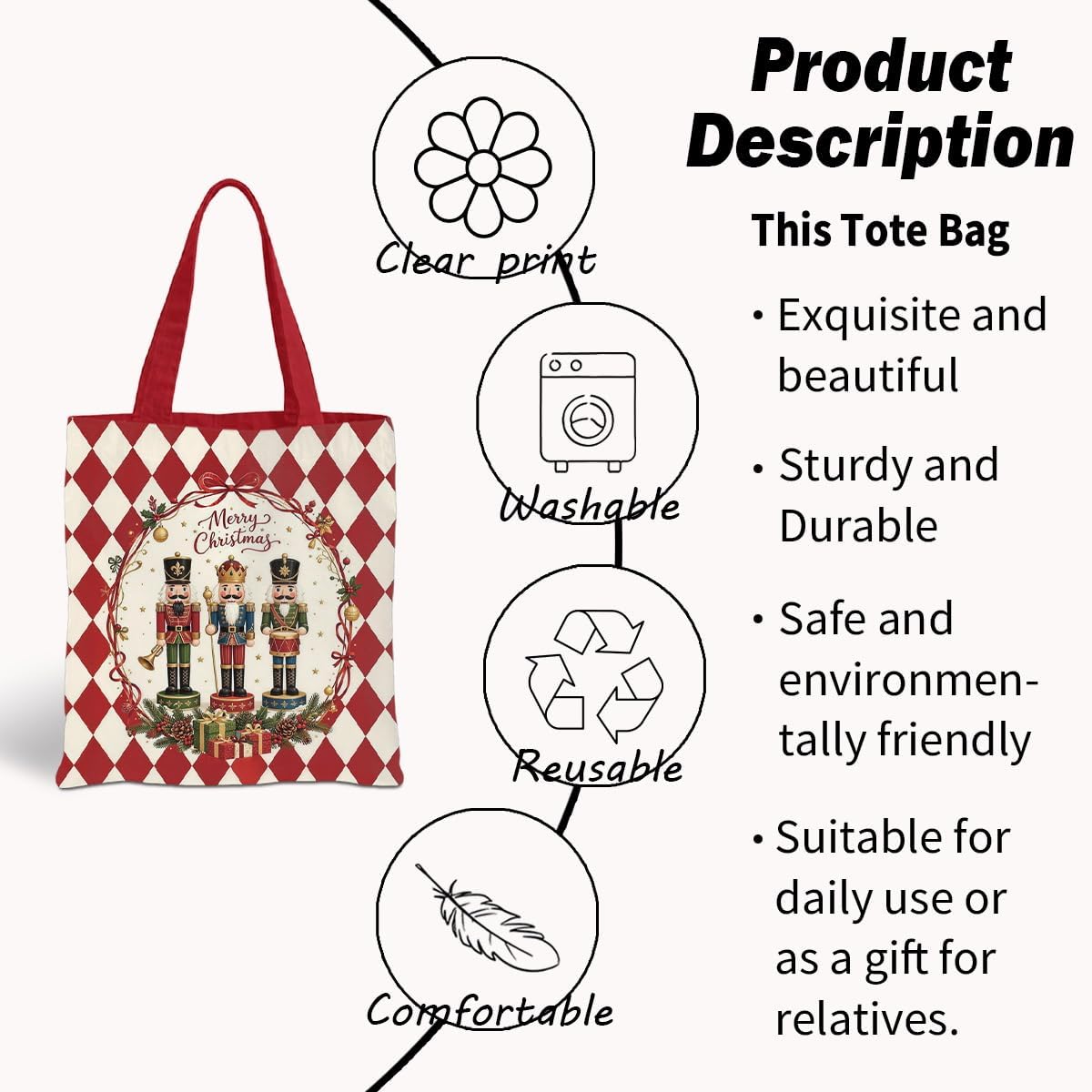 Nutcracker Canvas Tote Bag, Vintage Christmas Holiday Shoulder bag image 4