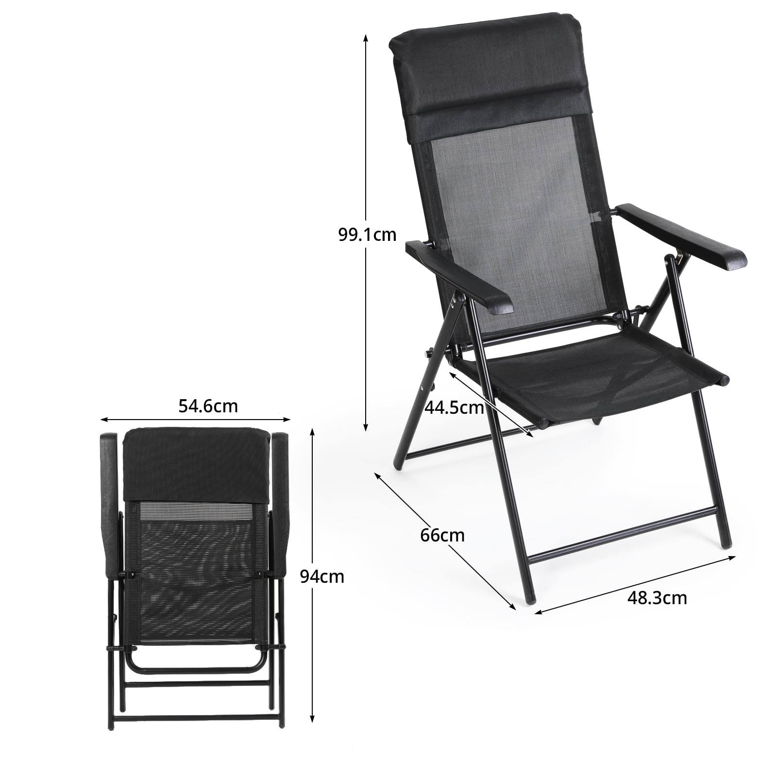 VOWNER Pack de 2 Sillas de Jardín Plegables – Silla Exterior con Respaldo Alto y Reposacabezas Extraíble – Sillones de Jardín de Textileno Transpirable y Metal – Ideal para Terraza, Balcónm, Negro