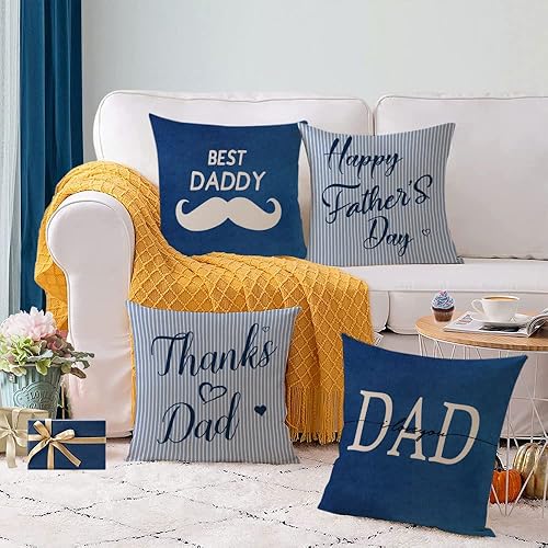 Miniatura 4 de YeeJu Juego de 4 fundas de almohada para el Día del Padre de 12 x 12 pulgadas, fundas de almohada con texto en inglés "I Love Dad", fundas de