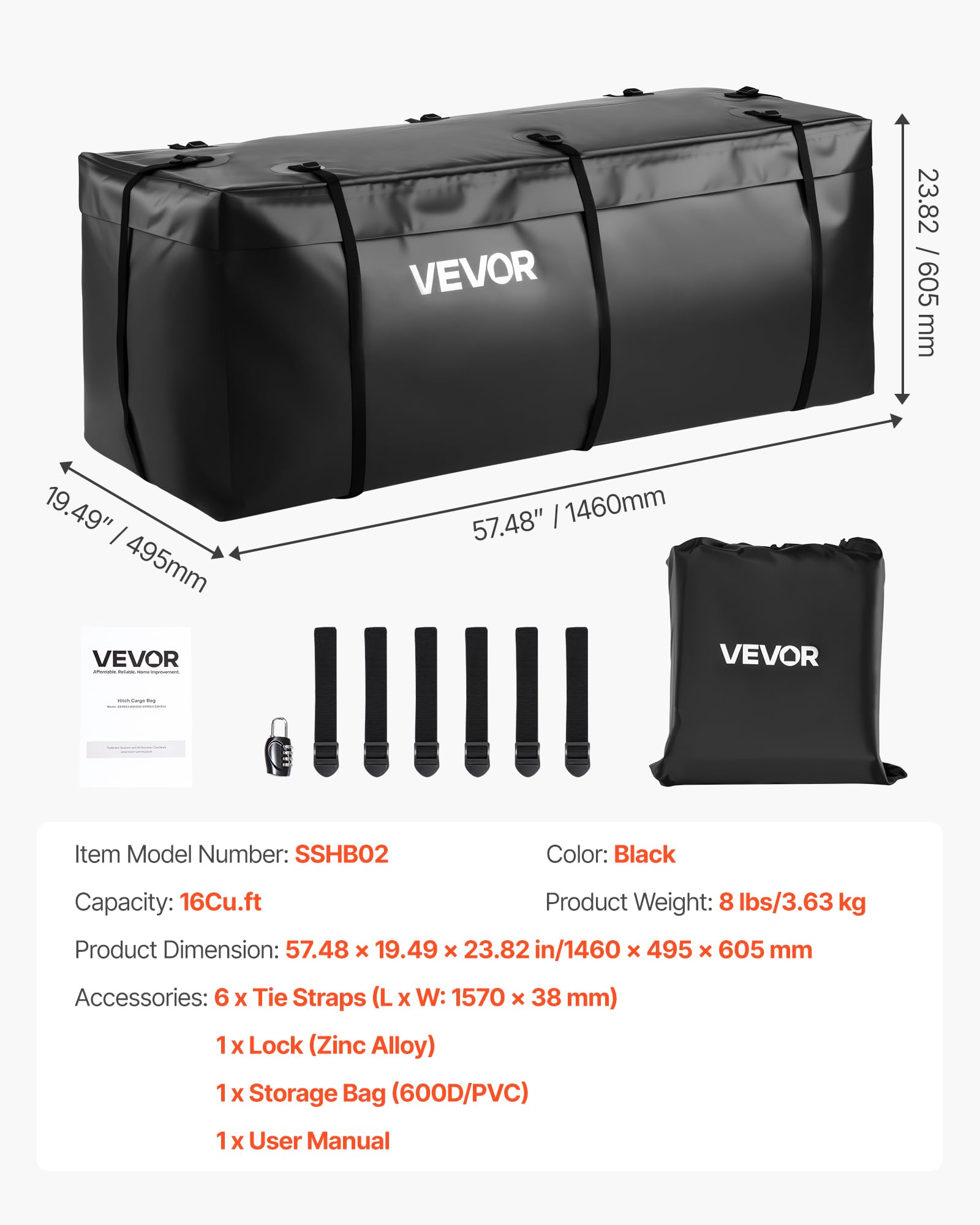 VEVOR Gepäckträgertasche für Anhängerkupplung aus wasserdichtes 840D-PVC (0,453 m³), Gepäcktasche zur Aufbewahrung auf der Ladefläche von Lkws mit verstärkten Gurten für PKW SUVs Vans Schwarz